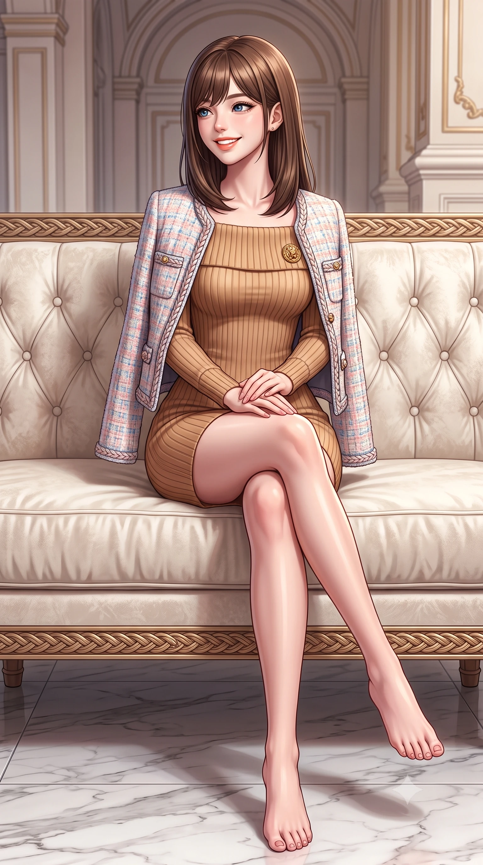 score_9, masterpiece, best quality, ultra-detailed, high-budget anime keyframe, semi-realistic 3D game render, editorial fashion photography, tasteful artistic composition, Korean woman. low angle full-body shot from head to toe showing her feet, filling the entire 9:16 vertical frame with her statuesque presence, stretching her vertical silhouette. executing an elegant pivot turn as the hem of her form-fitting knit sways rhythmically, glancing back with joyful radiance and seductive allure while sitting poised on an ivory velvet banquette with hands folded neatly in her lap, exuding impeccable French haute-couture elegance. The surrounding environment is rendered in vivid detail and crisp panoramic clarity: detailed Chanel-inspired pastel tweed jacket weave, braided trim borders, and premier Parisian interior architecture in razor-sharp precision. She has an exceptionally tall and slender model-like 8.5-heads proportion, an ultra-slim waist, a flat toned midriff, narrow delicate ribcage, and beautifully sculpted feminine hips creating a graceful, slim hourglass silhouette without any bulky heaviness, with impossibly long slender legs. sharp v-shaped jawline, high-bridge nose, intricate jewel-like sparkling eyes with depth, thick eyelashes, glossy parted lips with a natural peach sheen, bright cheerful beaming smile with an enchanting and coquettish sensual glint, exuding both youthful cute charm and seductive allure, flawlessly proportioned anatomical accuracy, strict slender model proportions, natural body alignment, perfectly sculpted long slender limbs, ultra-slim waistline, clean dynamic posture without body distortion. wearing a snug off-the-shoulder thick ribbed knit sweater dress in warm camel clinging to her hourglass contours in Swiss alpine snow white and oat cashmere, crafted from buttery-soft stretch lambskin leather adhering to her body like a second skin, accented with an ornate 24k gold lion-embossed crest button along the snug front closure, the liquid-tight tailored fabric clinging flawlessly to her narrow waist and rounded feminine hips, emphasizing every millimeter of her sculpted slim hourglass curves without any bulky heaviness. illuminated by polished marble floor bounce and pristine champagne rim lights defining her razor-sharp jawline and elegant tailored silhouette. highly saturated vibrant anime colors, detailed shading with soft gradients, rich glossy textures, high-contrast stereoscopic depth, volumetric dynamic lighting, master piece, 9:16 ratio