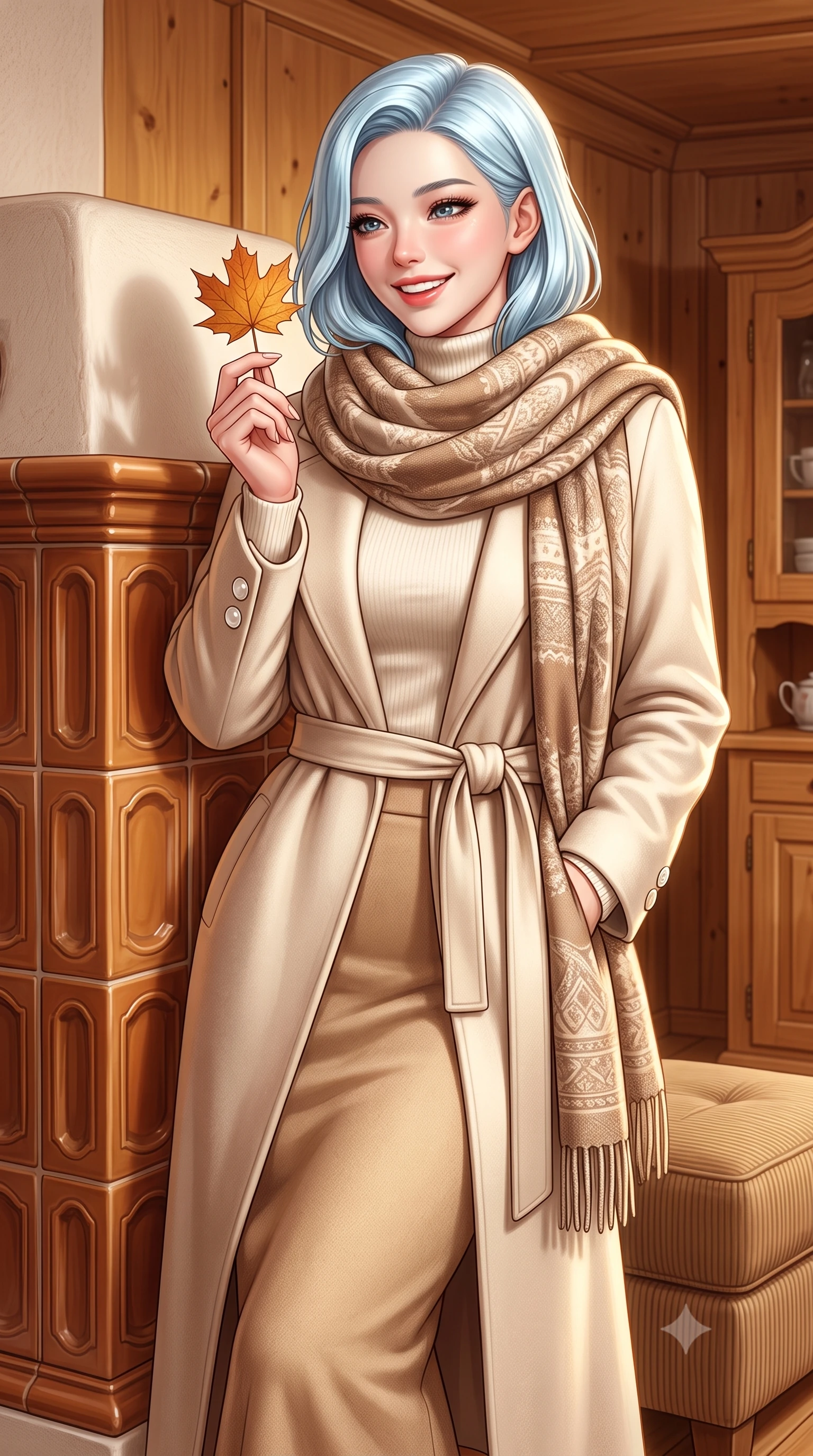 score_9, masterpiece, best quality, ultra-detailed, high-budget anime keyframe, semi-realistic 3D game render, editorial fashion photography, tasteful artistic composition, Korean woman. close-up cowboy shot from the waist and thighs up, the character dominates the composition, filling the frame with her large presence. holding a single autumn leaf delicately between manicured fingers, admiring it with a cheerful, parted-lip smile while leaning against the warm ceramic tiles of the traditional Kachelofen stove, wrapped in a luxurious blanket scarf with cozy contented grace. The surrounding environment is rendered in vivid detail and crisp panoramic clarity: detailed roll-neck cashmere sweater weave, tailored corduroy trouser ribs, and master alpine joinery in high resolution. She has an exceptionally elegant, slender, and willowy female figure with an ultra-slim waist, flat toned midriff, narrow ribcage, and sculpted feminine hips creating an alluring, slim hourglass silhouette without bulk. sharp v-shaped jawline, high-bridge nose, intricate jewel-like sparkling eyes with depth, thick eyelashes, glossy parted lips with a natural peach sheen, bright cheerful beaming smile with an enchanting and coquettish sensual glint, exuding both youthful cute charm and seductive allure, flawlessly proportioned anatomical accuracy, strict slender model proportions, natural body alignment, perfectly sculpted long slender limbs, ultra-slim waistline, clean dynamic posture without body distortion. wearing a luxurious longline cashmere cardigan coat with a belted waist worn over an ivory turtleneck and wool midi skirt in soft champagne ivory and warm biscuit beige, tailored from heavyweight double-faced wool with clean architectural edges, finished with fine mother-of-pearl cuff buttons catching the soft ambient light, the streamlined silhouette following her natural slender proportions with sophisticated poise, enhancing her tall willowy presence. illuminated by honey pine wall reflection bounce and warm buttery rim lights sculpting her features and slender hourglass curves. highly saturated vibrant anime colors, detailed shading with soft gradients, rich glossy textures, high-contrast stereoscopic depth, volumetric dynamic lighting, master piece, 9:16 ratio