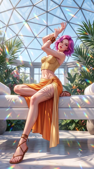 score_9, masterpiece, best quality, ultra-detailed, high-budget anime keyframe, semi-realistic 3D game render, editorial fashion photography, tasteful artistic composition, Caucasian woman. low angle full-body shot from head to toe showing her feet, 