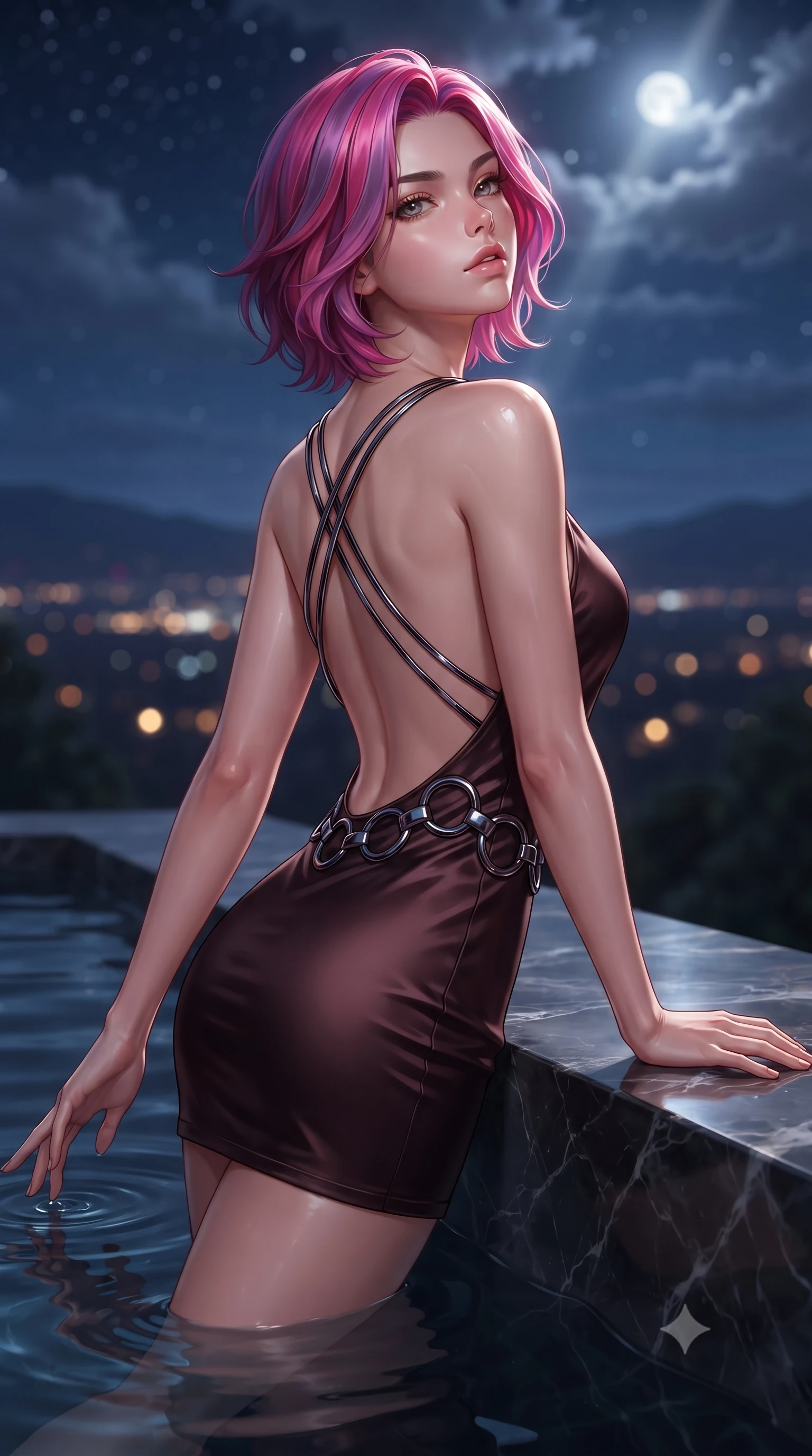score_9, masterpiece, best quality, ultra-detailed, high-budget anime keyframe, editorial fashion photography, tasteful artistic composition, Caucasian woman. close-up cowboy shot from the waist and thighs up, the character dominates the composition, filling the frame with her large presence, background elements kept in soft focus. Tilting her chin up slightly with lips parted in a composed, magnetic expression, poised at the edge of a dark marble infinity pool overlooking a starry valley, distant city lights forming soft dark amber bokeh circles in the background. She has an exceptionally elegant, slender, and willowy female figure with an ultra-slim waist, a gracefully sculpted slender torso, and a refined silhouette. sharp v-shaped jawline, high-bridge nose, intricate jewel-like eyes with depth, thick eyelashes, glossy lips with a natural sheen. wearing dramatically scooped backless dark satin mini dress with criss-cross chrome straps in dark mahogany, made of sculpted obsidian metallic chrome, trimmed with dark chrome ring hardware along the waist contours, contouring every curve with an exceptionally elegant silhouette. lit by a single piercing key ray filtering through soft night clouds. highly saturated vibrant anime colors, detailed shading with soft gradients, rich glossy textures, high-contrast stereoscopic depth, volumetric dynamic lighting, master piece, 9:16 ratio