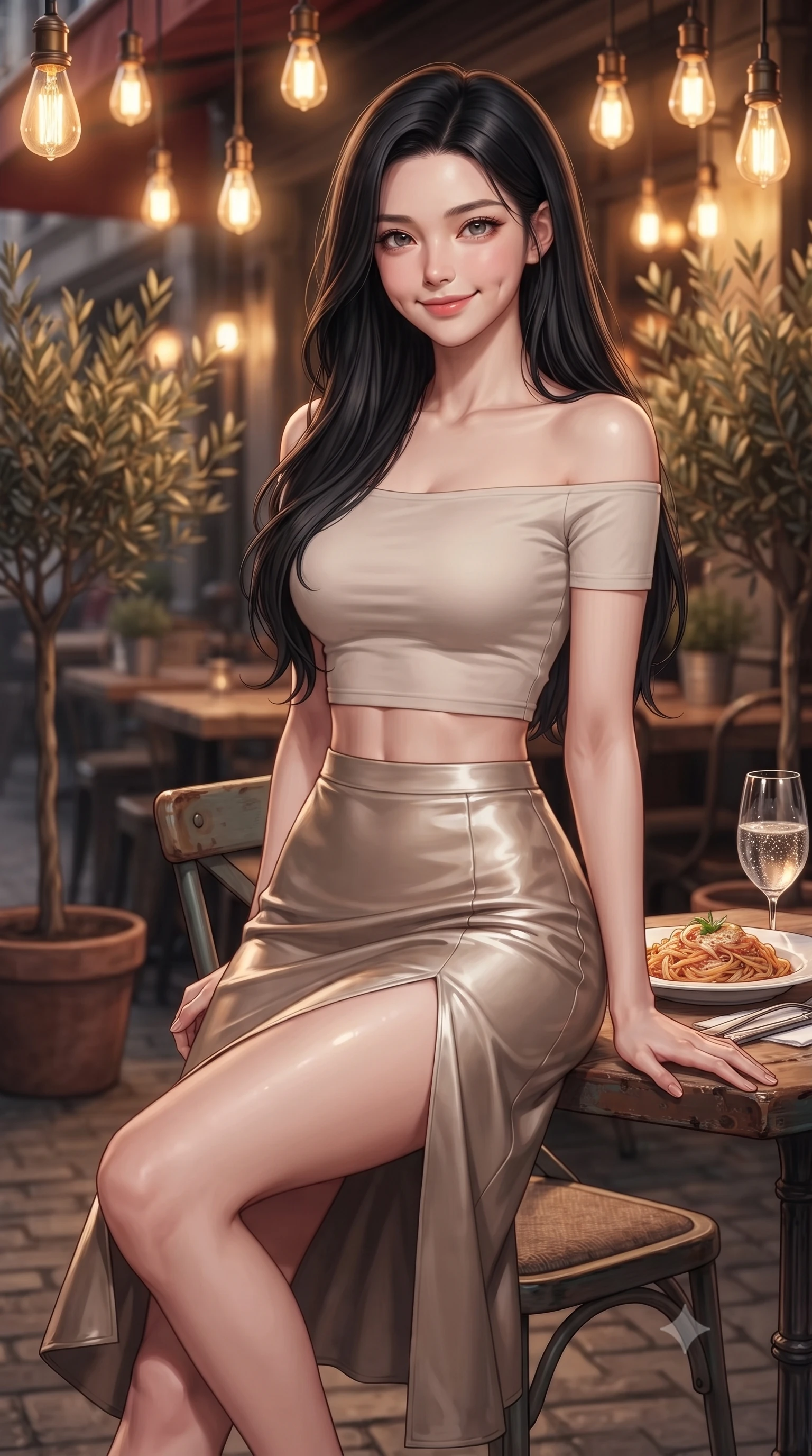score_9, masterpiece, best quality, ultra-detailed, high-budget anime keyframe, editorial fashion photography, tasteful artistic composition, Korean woman. close-up cowboy shot from the waist and thighs up, the character dominates the composition, filling the frame with her large presence, background elements kept in soft focus. smiling with soft, captivating dimples, casting a warm yet magnetic gaze directly into the lens set against a soft-focus background of on a lively street-side bistro terrace next to potted olive trees with a plate of delicious pasta and a glass of sparkling water on the table. She has an exceptionally elegant, slender, and willowy female figure with an ultra-slim waist, a gracefully sculpted slender torso, and a refined silhouette. sharp v-shaped jawline, high-bridge nose, intricate jewel-like eyes with depth, thick eyelashes, glossy lips with a natural sheen. wearing slim-fit stylish off-shoulder crop top paired with a high-slit satin midi skirt. warm golden lighting from hanging lightbulbs creating a cozy dinner mood. ultra-reflective glossy finish, specular highlights, metallic sheen, high-contrast stereoscopic depth, volumetric dynamic lighting, 2k, ultra detail, master piece, 9:16 ratio