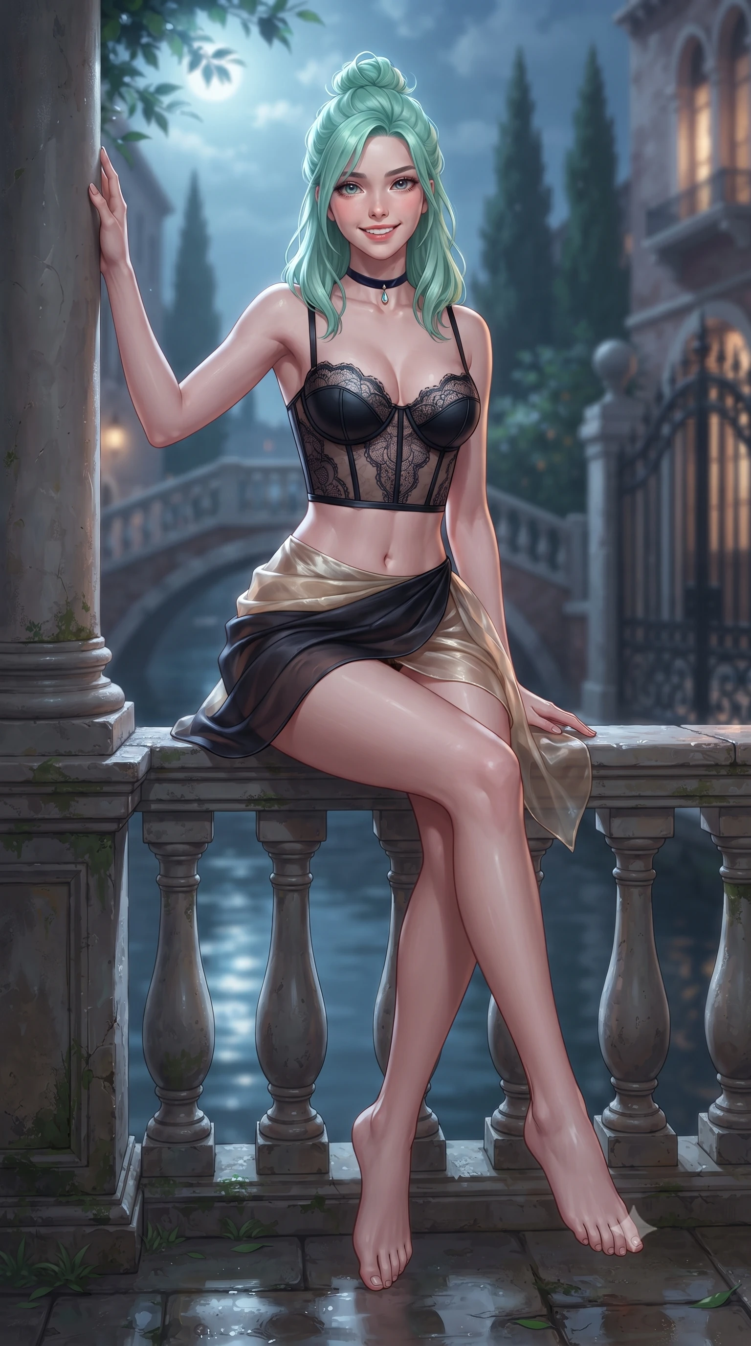 score_9, masterpiece, best quality, ultra-detailed, high-budget anime keyframe, editorial fashion photography, tasteful artistic composition, Japanese woman. low angle full-body shot from head to toe showing her feet, filling the entire 9:16 vertical frame with her statuesque presence, stretching her vertical silhouette. standing tall beside the architectural column, one hand resting high while arching her lower back to emphasize her sculpted feminine hips and slender waist while sitting gracefully on the damp garden balustrade with legs crossed, flashing a radiant, flirtatious smile toward the lens. The background shows a soft-focus quiet Venetian side canal with arched stone footbridges, moonlit cypress trees, and wrought-iron palace gates blurred into jade, silver, and indigo bokeh. She has an exceptionally tall and slender model-like 8.5-heads proportion, an ultra-slim waist, a flat toned midriff, narrow delicate ribcage, and beautifully sculpted feminine hips creating a graceful, slim hourglass silhouette without any bulky heaviness, with impossibly long slender legs. sharp v-shaped jawline, high-bridge nose, intricate jewel-like sparkling eyes with depth, thick eyelashes, glossy parted lips with a natural peach sheen, bright cheerful beaming smile with an enchanting and coquettish sensual glint, exuding both youthful cute charm and seductive allure, flawlessly proportioned anatomical accuracy, strict slender model proportions, natural body alignment, perfectly sculpted long slender limbs, ultra-slim waistline, clean dynamic posture without body distortion. wearing a sculpted underwire demi-bustier in semi-sheer lace paired with an ultra-short draped tulip skirt in midnight noir obsidian black and pure champagne gold, crafted from translucent silk organza with an ethereal crystalline sheen, finished with a thin velvet ribbon choker and a single teardrop diamond pendant, the second-skin tailored fabric adhering flawlessly to her sculpted flat midriff and slender torso, emphasizing her long leg lines and perfectly proportioned willowy build. bathed in the magical cool silver moonlight filtering through garden foliage mixed with warm lantern spill from palace windows. ultra-reflective glossy finish, specular highlights, rich textural contrasts, high-contrast stereoscopic depth, volumetric dynamic lighting, 2k, ultra detail, master piece, 9:16 ratio