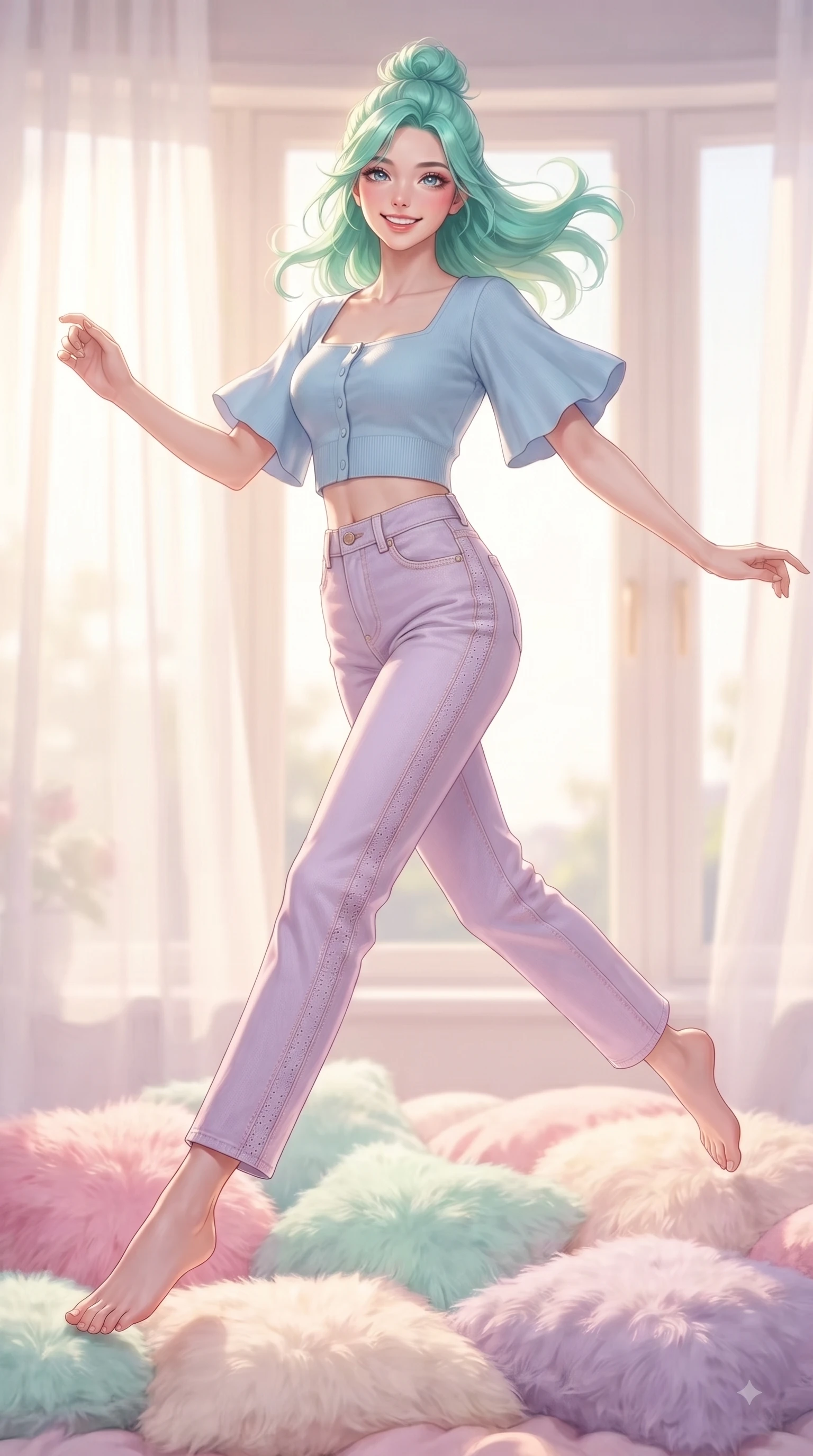 score_9, masterpiece, best quality, ultra-detailed, high-budget anime keyframe, editorial fashion photography, tasteful artistic composition, Japanese woman. low angle full-body shot from head to toe showing her feet, filling the entire 9:16 vertical frame with her statuesque presence, stretching her vertical silhouette. leaping with pure youthful energy through the scene with a radiant bright smile, her long slender legs balanced gracefully while resting playfully on fluffy pastel cushions while looking directly at the camera with a radiant smile. The composition keeps background elements in soft focus with dreamy bokeh. soft sheer white curtains and sunlit window frames softened by warm interior depth of field. She has an absolutely perfect, statuesque 8.5-heads proportion, an exceptionally tall and slender model-like female figure with impossibly long slender legs and an ultra-slim waist. sharp v-shaped jawline, high-bridge nose, intricate jewel-like eyes with depth, thick eyelashes, glossy lips with a natural sheen, flawlessly proportioned anatomical accuracy, natural body alignment, perfectly sculpted elegant limbs, clean dynamic posture without body distortion. wearing a casual chic pastel blue cropped cardigan with high-rise straight-leg denim jeans in pastel lilac and soft rose gold, woven with delicate eyelet lace and soft cotton, featuring elegant flutter sleeves and a graceful square neckline, the chic real-way fashion cut emphasizing her effortless charm. bathed in soft, warm morning sunlight streaming through sheer curtains. ultra-reflective glossy finish, specular highlights, metallic sheen, high-contrast stereoscopic depth, volumetric dynamic lighting, 2k, ultra detail, master piece, 9:16 ratio
