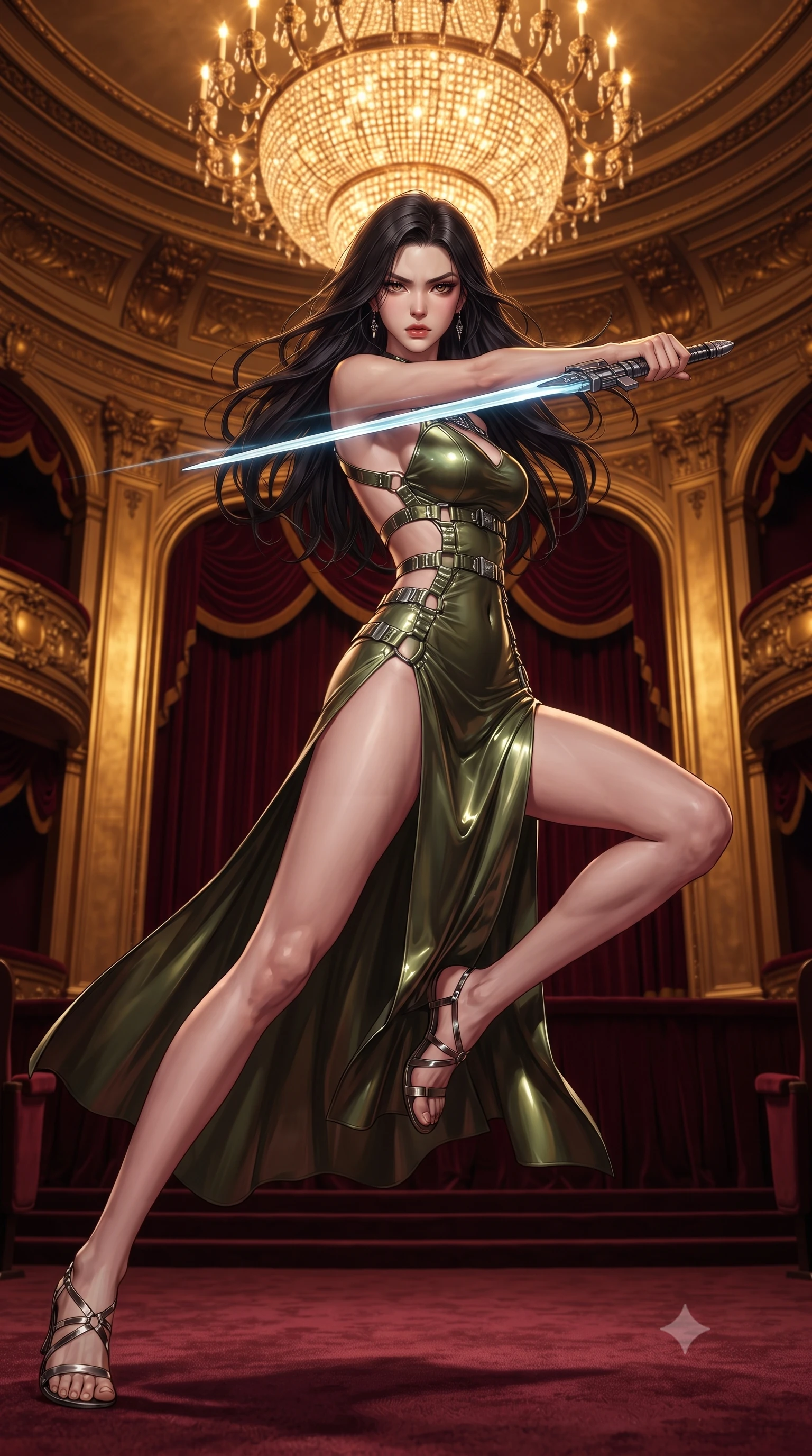 score_9, masterpiece, best quality, ultra-detailed, high-budget anime keyframe, editorial fashion photography, tasteful artistic composition, Korean woman. low angle full-body shot from head to toe showing her feet, filling the entire 9:16 vertical frame with her statuesque presence, stretching her vertical silhouette. leaping forward while slashing with a twin-bladed plasma sword in mid-air, her body-contouring suit showing her athletic silhouette, the background shows a soft-focus a VIP opera box suite draped in heavy crimson velvet and gold brass panels. She has an absolutely perfect, statuesque 8.5-heads proportion, an exceptionally tall and slender model-like female figure with impossibly long slender legs and an ultra-slim waist. sharp v-shaped jawline, high-bridge nose, intricate jewel-like eyes with depth, thick eyelashes, glossy lips with a natural sheen. wearing a slim-fit dramatic open-back maxi combat dress in olive green, featuring a high thigh slit and chrome straps. warm golden light from the massive theater chandelier casting a soft wash. ultra-reflective glossy finish, specular highlights, metallic sheen, high-contrast stereoscopic depth, volumetric dynamic lighting, 2k, ultra detail, master piece, 9:16 ratio