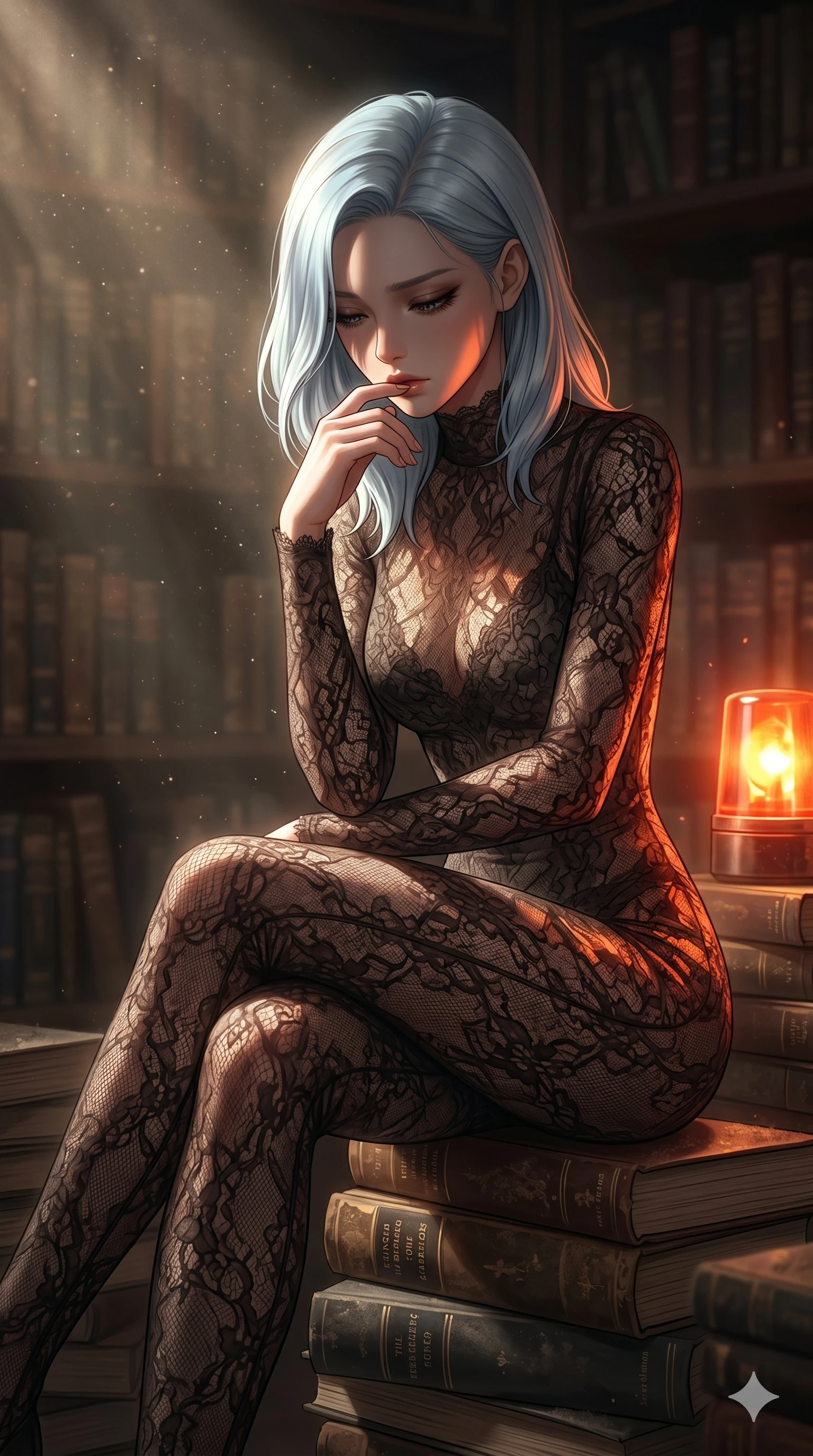 score_9, masterpiece, best quality, ultra-detailed, high-budget anime keyframe, editorial fashion photography, tasteful artistic composition, Korean woman. cowboy shot from the thighs up, character and outfit filling the frame for maximum editorial presence. lowering her head with heavy lashes, her face shadowed in grief as she gently touches her lip sitting inside a dusty library corner with faded sunbeams and floating dust (Scenario Code S-54). She has an absolutely perfect 8-heads proportion, an exceptionally tall and slender female figure with impossibly long slender legs and an ultra-slim waist. V-shaped jawline, high-bridge nose, intricate jewel-like eyes with depth, thick eyelashes, glossy lips with a natural sheen. wearing a semi-opaque dark lace unitard that tightly contours her athletic build and slender waist. lit by a flickering orange emergency beacon, casting dramatic, dancing shadows on her body. 2k, ultra detail, master piece, 9:16 ratio