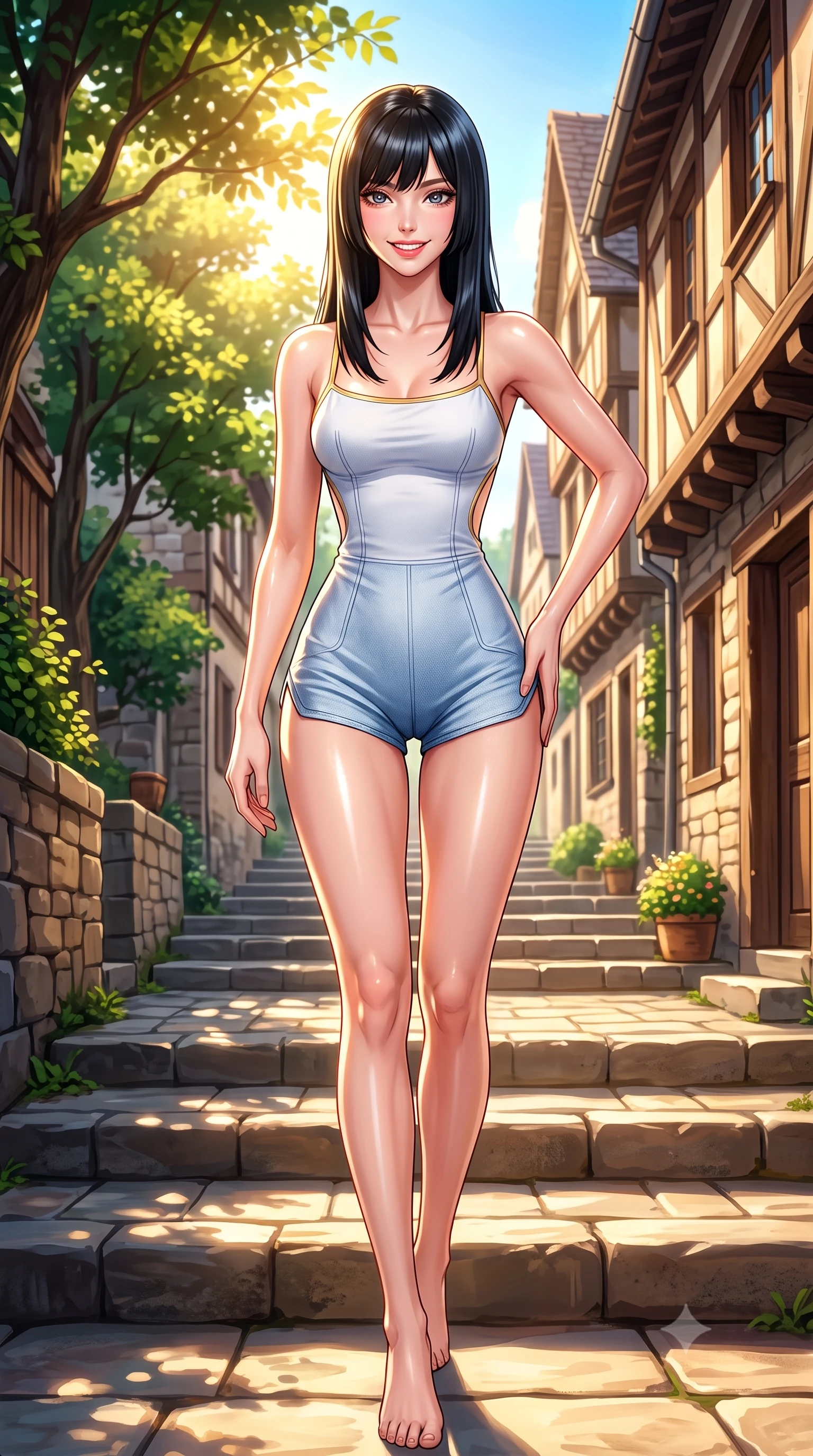 score_9, masterpiece, best quality, ultra-detailed, high-budget anime keyframe, semi-realistic 3D game render, editorial fashion photography, tasteful artistic composition, Caucasian woman. close-up cowboy shot from the waist and thighs up, the character dominates the composition, filling the frame with her large presence. tilting her head with a cute beaming smile while arching her spine with effortless dancer poise, one hand sliding along her hip line in a flirtatious S-curve while walking down the stone steps with sovereign grace, her trendy form-contouring real-way outfit hugging her narrow waist and feminine hips. The surrounding environment is rendered in vivid detail and crisp panoramic clarity. detailed denim and knit outfit texture, golden sun specular glints on skin, and Village streetscape clarity in high resolution. She has an exceptionally elegant, slender, and willowy female figure with an ultra-slim waist, flat toned midriff, narrow ribcage, and sculpted feminine hips creating an alluring, slim hourglass silhouette without bulk. sharp v-shaped jawline, high-bridge nose, intricate jewel-like sparkling eyes with depth, thick eyelashes, glossy parted lips with a natural peach sheen, bright cheerful beaming smile with an enchanting and coquettish sensual glint, exuding both youthful cute charm and seductive allure, flawlessly proportioned anatomical accuracy, strict slender model proportions, natural body alignment, perfectly sculpted long slender limbs, ultra-slim waistline, clean dynamic posture without body distortion. wearing a second-skin stretch cotton camisole romper with high-cut leg openings and an open back in pure alabaster white and sun-kissed gold, tailored from crisp cotton poplin with clean structural lines, finished with criss-cross back satin straps highlighting her graceful shoulder blades, the glove-like silhouette tightly following the natural contour of her hips and long slender legs with youthful 8.5-heads elegance. bathed in warm, golden afternoon sunlight streaming down the historic tree-lined street. highly saturated vibrant anime colors, detailed shading with soft gradients, rich glossy textures, high-contrast stereoscopic depth, volumetric dynamic lighting, master piece, 9:16 ratio