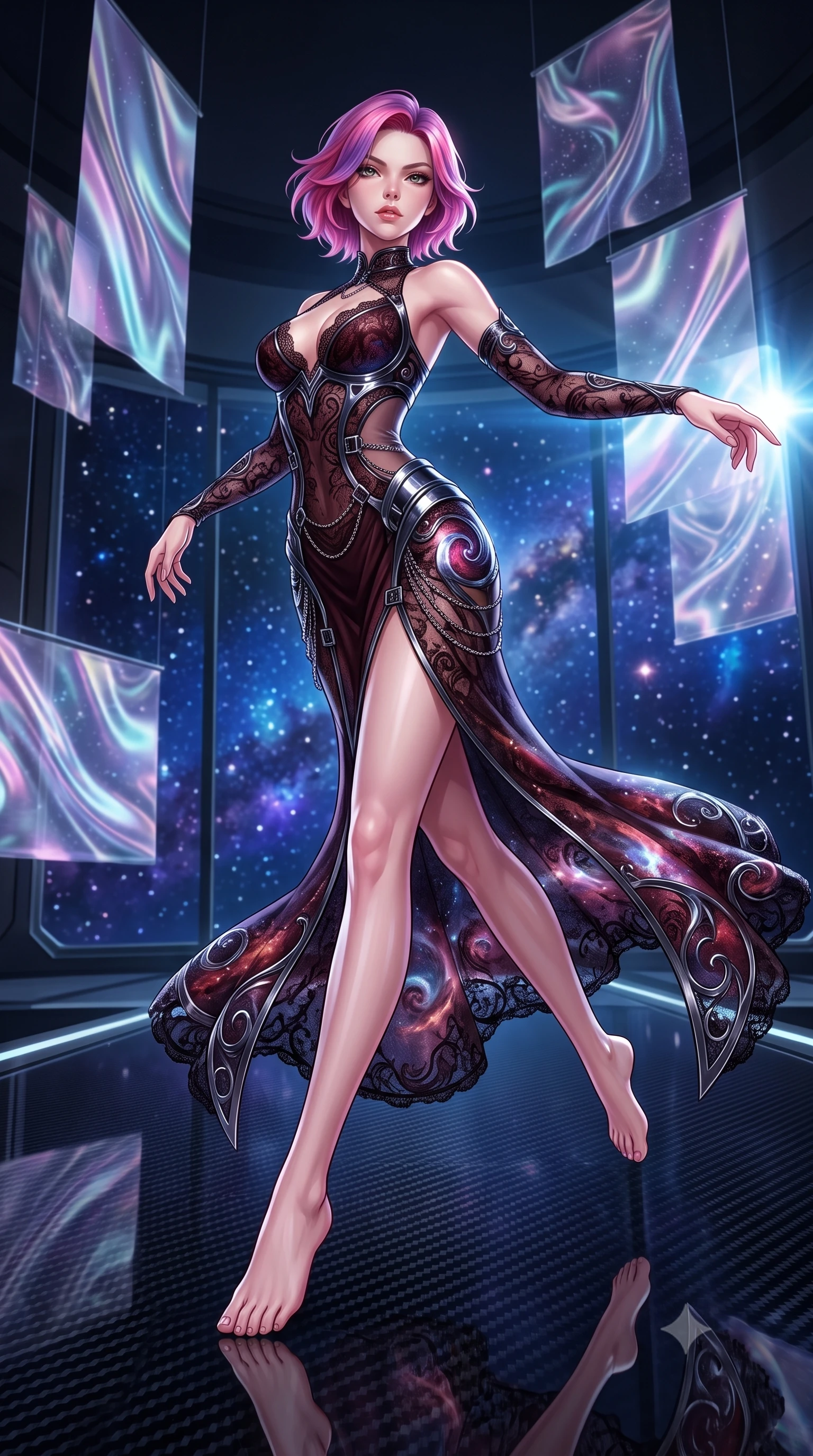 score_9, masterpiece, best quality, ultra-detailed, high-budget anime keyframe, editorial fashion photography, tasteful artistic composition, Caucasian woman. low angle full-body shot from head to toe showing her feet, filling the entire 9:16 vertical frame with her statuesque presence, stretching her vertical silhouette. leaping dynamically through the starry space, her posture full of power and elegance, standing in a high-tech apartment filled with floating holographic silk tapestries, dark carbon fiber floor creating sharp specular mirror reflections. She has an absolutely perfect, statuesque 8.5-heads proportion, an exceptionally tall and slender model-like female figure with impossibly long slender legs and an ultra-slim waist. sharp v-shaped jawline, high-bridge nose, intricate jewel-like eyes with depth, thick eyelashes, glossy lips with a natural sheen. wearing gothic nebula sheer dark lace gown with plunging neckline in dark mahogany, made of sculpted obsidian metallic chrome, framed by dark titanium buckles and silver chain details, contouring every curve with an exceptionally elegant silhouette. lit by intense digital key light piercing through deep cyber shadows. highly saturated vibrant anime colors, detailed shading with soft gradients, rich glossy textures, high-contrast stereoscopic depth, volumetric dynamic lighting, master piece, 9:16 ratio