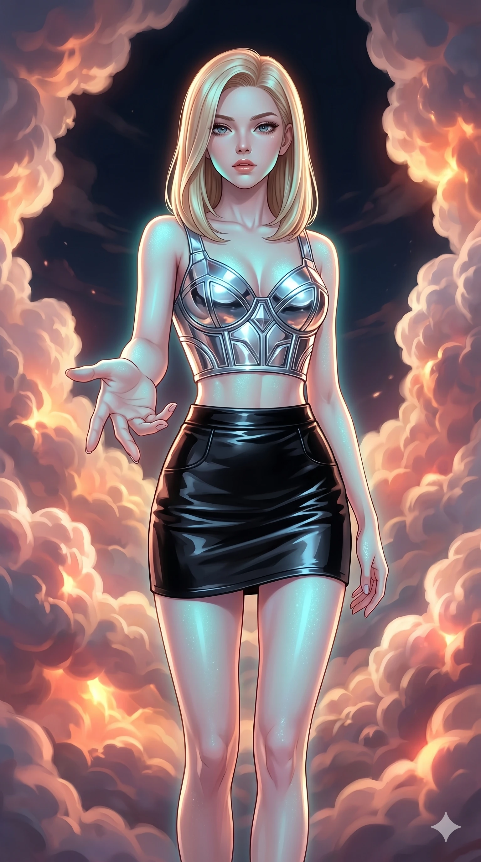 score_9, masterpiece, best quality, ultra-detailed, high-budget anime keyframe, editorial fashion photography, tasteful artistic composition, Korean woman. cowboy shot from the thighs up, character and outfit filling the frame for maximum editorial presence. Reaching one hand toward the viewer with relaxed elegance inside a luminous cloud palace where cumulus formations glow with amber and rose from within. She has an absolutely perfect 8-heads proportion, an exceptionally tall and slender female figure with impossibly long slender legs and an ultra-slim waist. V-shaped jawline, high-bridge nose, intricate jewel-like eyes with depth, thick eyelashes, glossy lips with a natural sheen. wearing a sculptural chrome-plated structured crop top with molded geometric cups and architectural side boning, paired with a high-waist black gloss leather mini skirt to mid-thigh. illuminated by soft aqua bioluminescent light that makes her skin luminously glow against the dark. 2k, ultra detail, master piece, 9:16 ratio