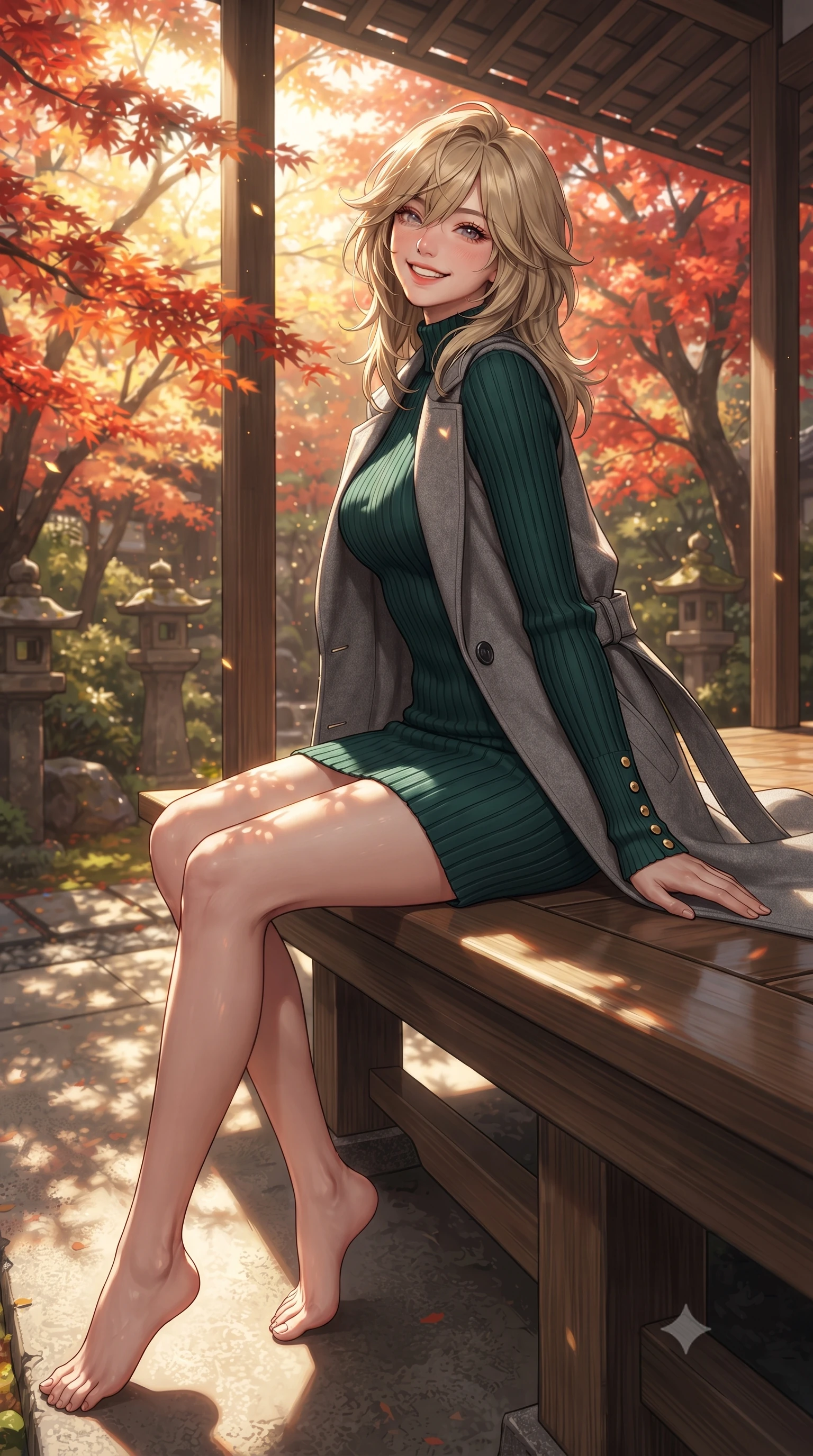 score_9, masterpiece, best quality, ultra-detailed, high-budget anime keyframe, editorial fashion photography, tasteful artistic composition, Japanese woman. low angle full-body shot from head to toe showing her feet, filling the entire 9:16 vertical frame with her statuesque presence, stretching her vertical silhouette. executing an elegant pivot turn as the hem of her form-fitting knit sways rhythmically, glancing back with joyful radiance and seductive allure while sitting gracefully on the polished cypress wood engawa veranda, legs turned demurely to the side, smiling with gentle Kyoto serenity. The surrounding environment is rendered in vivid detail and crisp panoramic clarity: detailed modern kimono-wrap wool coat tailoring, sash belt knot, and classical Japanese temple joinery in razor-sharp precision. She has an exceptionally tall and slender model-like 8.5-heads proportion, an ultra-slim waist, a flat toned midriff, narrow delicate ribcage, and beautifully sculpted feminine hips creating a graceful, slim hourglass silhouette without any bulky heaviness, with impossibly long slender legs. sharp v-shaped jawline, high-bridge nose, intricate jewel-like sparkling eyes with depth, thick eyelashes, glossy parted lips with a natural peach sheen, bright cheerful beaming smile with an enchanting and coquettish sensual glint, exuding both youthful cute charm and seductive allure, flawlessly proportioned anatomical accuracy, strict slender model proportions, natural body alignment, perfectly sculpted long slender limbs, ultra-slim waistline, clean dynamic posture without body distortion. wearing a sculpted cable-ribbed cashmere bodycon sweater dress with long fitted sleeves and a snug mock-neck tracing her slender silhouette in St. Moritz pine forest emerald and heather grey, made of ultra-fine Mongolian cashmere with sleek glove-like elasticity contouring her silhouette, accented with delicate gold button studs trailing down the snug sleeve cuffs, the second-skin tailored fabric adhering flawlessly to her sculpted flat midriff and slender torso, emphasizing her long leg lines and perfectly proportioned willowy build. bathed in filtered golden autumn sunlight dappled through brilliant red and orange maple foliage. ultra-reflective glossy finish, specular highlights, rich textural contrasts, high-contrast stereoscopic depth, volumetric dynamic lighting, 2k, ultra detail, master piece, 9:16 ratio