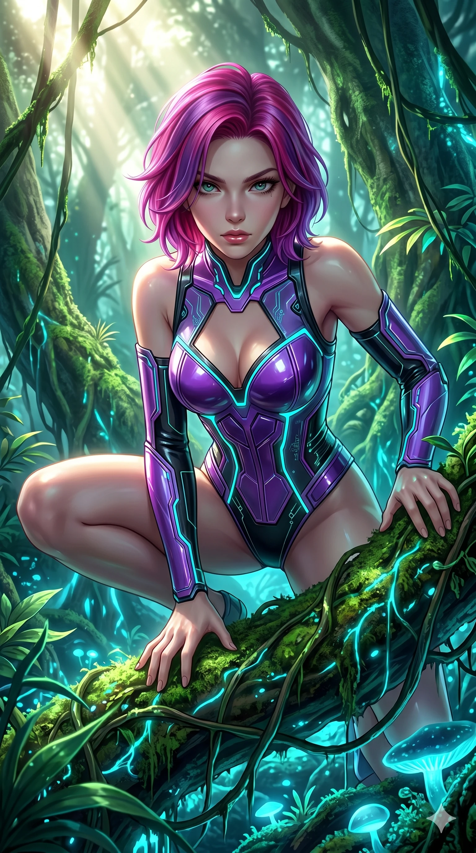 score_9, masterpiece, best quality, ultra-detailed, high-budget anime keyframe, semi-realistic 3D game render, Caucasian woman, strictly human ears. Upper body close-up from the thighs up, character filling the screen for maximum presence. She is crouching dynamically on a massive bioluminescent jungle root, wrapped in glowing vines. She leans close to the camera, looking through the foliage with a piercing, animalistic gaze. She has an absolutely perfect 8-heads proportion, a tall and elegant figure with a refined silhouette and a defined waistline. V-shaped jawline, high-bridge nose, intricate jewel-like eyes with depth, thick eyelashes, glossy lips with a natural sheen. She is wearing a structured cybernetic bodice in glossy vinyl panels, paired with detached sleeves and a refined V-neckline detailed with glowing piping. The scene is bathed in bright sunbeams filtering through a dense canopy and glowing cyan ambient forest light. 2k, ultra detail, master piece, 9:16 ratio