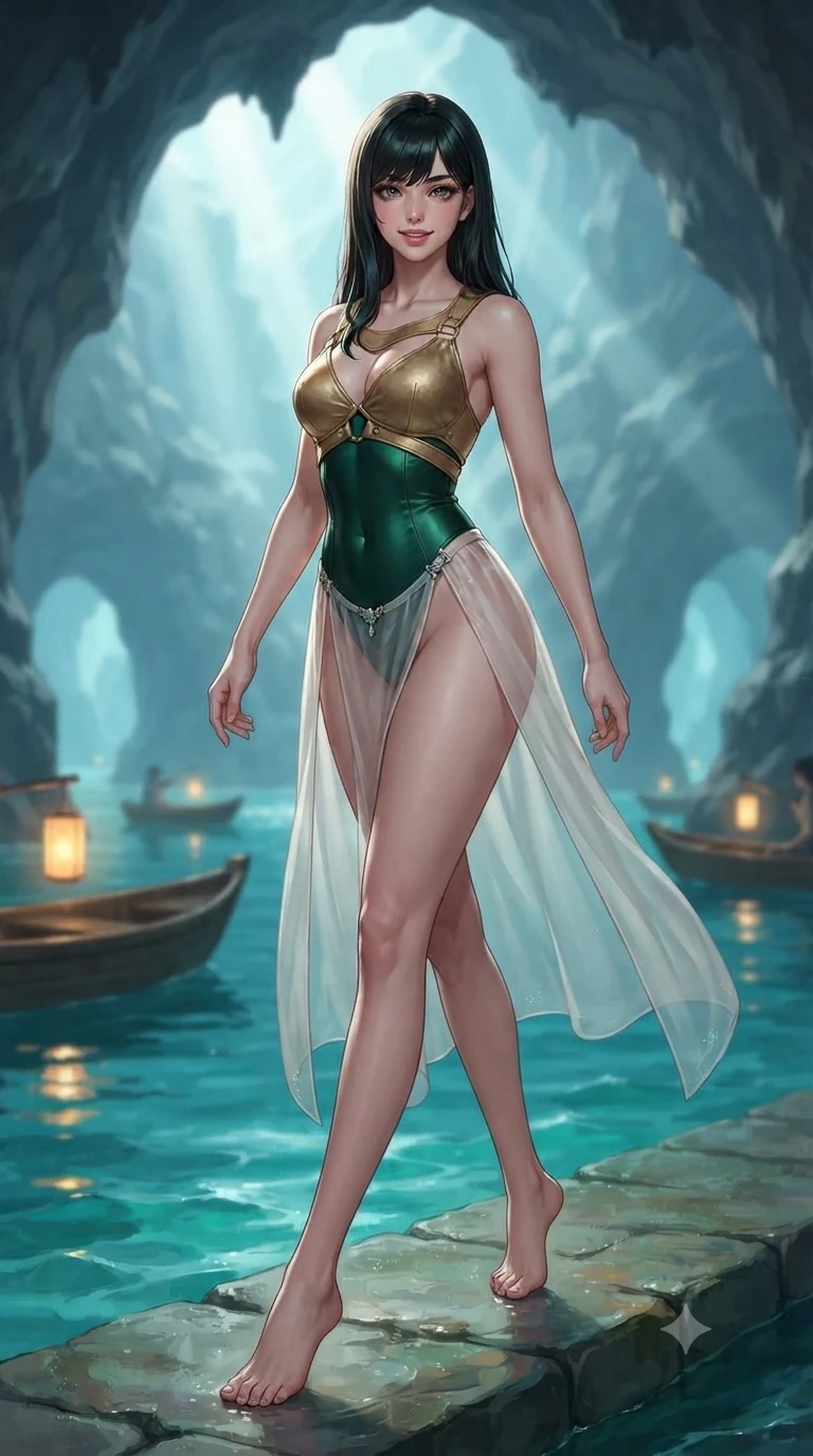 score_9, masterpiece, best quality, ultra-detailed, high-budget anime keyframe, editorial fashion photography, tasteful artistic composition, Caucasian woman. low angle full-body shot from head to toe showing her feet, filling the entire 9:16 vertical frame with her statuesque presence, stretching her vertical silhouette. stepping forward in a confident stride, her long slender legs and curvaceous hips creating a dynamic, sweeping vertical line while standing poised on the wet limestone ledge inside the sea cavern, arching her lower back with sovereign siren poise as turquoise waters lap below. The background shows a soft-focus soaring limestone cavern arches, floating wooden skiffs with glowing paper lanterns, and turquoise shallows blurred into aquamarine, amber, and slate bokeh. She has an absolutely perfect, statuesque 8.5-heads proportion, an exceptionally tall and slender model-like female figure with impossibly long slender legs, an ultra-slim waist, a flat toned midriff, narrow delicate ribcage, and beautifully sculpted feminine hips creating a graceful, slim hourglass silhouette without any bulky heaviness. sharp v-shaped jawline, high-bridge nose, sparkling eyes with hypnotic seductive depth, thick curled eyelashes, glossy parted lips with a natural dewy peach sheen, alluring bedroom-eyes with an enchanting coquettish smile, exuding magnetic siren charisma and sophisticated glamour, flawlessly proportioned anatomical accuracy, strict slender model proportions, natural body alignment, perfectly sculpted long slender limbs, ultra-slim waistline, clean dynamic posture without body distortion. wearing a provocative sheer nobang organza wrap overskirt layered over a form-fitting silk leotard with bare hip flanks in dark emerald forest and brushed antique gold, made of supple butter-soft lambskin leather with a subtle satin sheen, finished with an ultra-high side slit secured by miniature jeweled clasps, the form-fitting cut adhering flawlessly to her sculpted flat midriff and slender torso, emphasizing her long leg lines and perfectly proportioned willowy build. bathed in magical horizontal moonbeams penetrating through the cavern mouth meeting warm floating candle lantern glows. ultra-reflective glossy finish, specular highlights, rich textural contrasts, high-contrast stereoscopic depth, volumetric dynamic lighting, 2k, ultra detail, master piece, 9:16 ratio