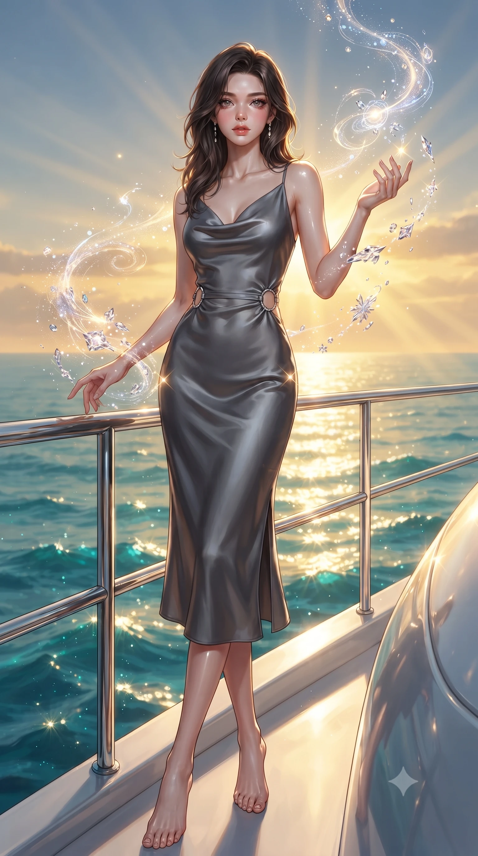 score_9, masterpiece, best quality, ultra-detailed, high-budget anime keyframe, editorial fashion photography, tasteful artistic composition, Korean woman. low angle full-body shot from head to toe showing her feet, filling the entire 9:16 vertical frame with her statuesque presence, stretching her vertical silhouette. interacting gracefully with the magical floating elements while maintaining a confident posture standing near the polished chrome railing of a yacht overlooking a golden sunset sea, sparkling turquoise ocean waves reflecting intense golden sunbeams. She has an absolutely perfect, statuesque 8.5-heads proportion, an exceptionally tall and slender model-like female figure with impossibly long slender legs and an ultra-slim waist. sharp v-shaped jawline, high-bridge nose, intricate jewel-like eyes with depth, thick eyelashes, glossy lips with a natural sheen. wearing an elegant cowl-neck satin midi dress with a draped neckline in charcoal grey and platinum, crafted from smooth liquid silk, accented with delicate chrome ring hardware framing her waist, the form-contouring material highlighting her ultra-slim waist and long lines. surrounded by a high-contrast marine lighting with bright specular highlights. highly saturated vibrant anime colors, detailed shading with soft gradients, rich glossy textures, high-contrast stereoscopic depth, volumetric dynamic lighting, master piece, 9:16 ratio