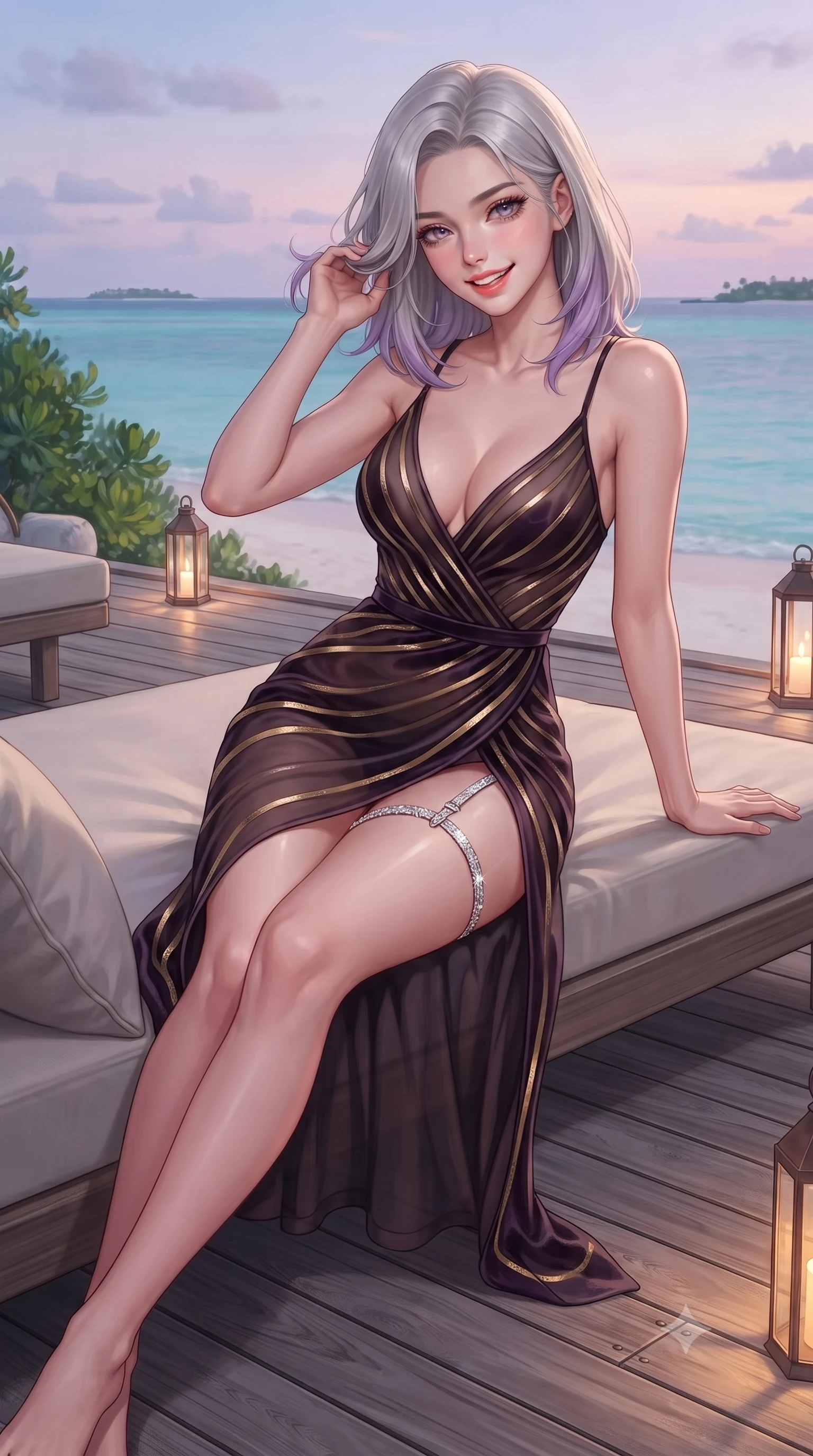 score_9, masterpiece, best quality, ultra-detailed, high-budget anime keyframe, editorial fashion photography, tasteful artistic composition, Caucasian woman. close-up cowboy shot from the waist and thighs up, the character dominates the composition, filling the frame with her large presence. gently brushing a lock of hair behind her ear while casting a playful, flirtatious side-gaze with long eyelashes while lounging in the private daybed set upon the deck propped on one elbow with legs extended, displaying her long slender limbs and statuesque hourglass silhouette. The surrounding environment is rendered in vivid detail and crisp panoramic clarity: detailed outfit silhouette, sheer cling or tailored lines, and wild coastal nature in razor-sharp precision. She has an exceptionally elegant, slender, and willowy female figure with an ultra-slim waist, flat toned midriff, narrow ribcage, and sculpted feminine hips creating an alluring, slim hourglass silhouette without bulk. sharp v-shaped jawline, high-bridge nose, intricate jewel-like sparkling eyes with depth, thick eyelashes, glossy parted lips with a natural peach sheen, bright cheerful beaming smile with an enchanting and coquettish sensual glint, exuding both youthful cute charm and seductive allure, flawlessly proportioned anatomical accuracy, strict slender model proportions, natural body alignment, perfectly sculpted long slender limbs, ultra-slim waistline, clean dynamic posture without body distortion. wearing a plunge-front sheer illusion tulle slip dress with liquid gold ribbon stripes hugging her curves in North Malé sandbank mother-of-pearl and warm coral blush, tailored from ultra-plush silk velvet with rich tactile depth and deep shadow gradients, finished with delicate crystal-encrusted thigh garter straps glinting in the dim light, the high-slit wrap tailoring accentuating her ultra-slim waistline and the enchanting curve of her feminine hips with alluring seductive charm. bathed in the soft pastel 5000K twilight glow of the Indian Ocean horizon mixed with warm 2500K deck lanterns. ultra-reflective glossy finish, specular highlights, rich textural contrasts, high-contrast stereoscopic depth, volumetric dynamic lighting, 2k, ultra detail, master piece, 9:16 ratio