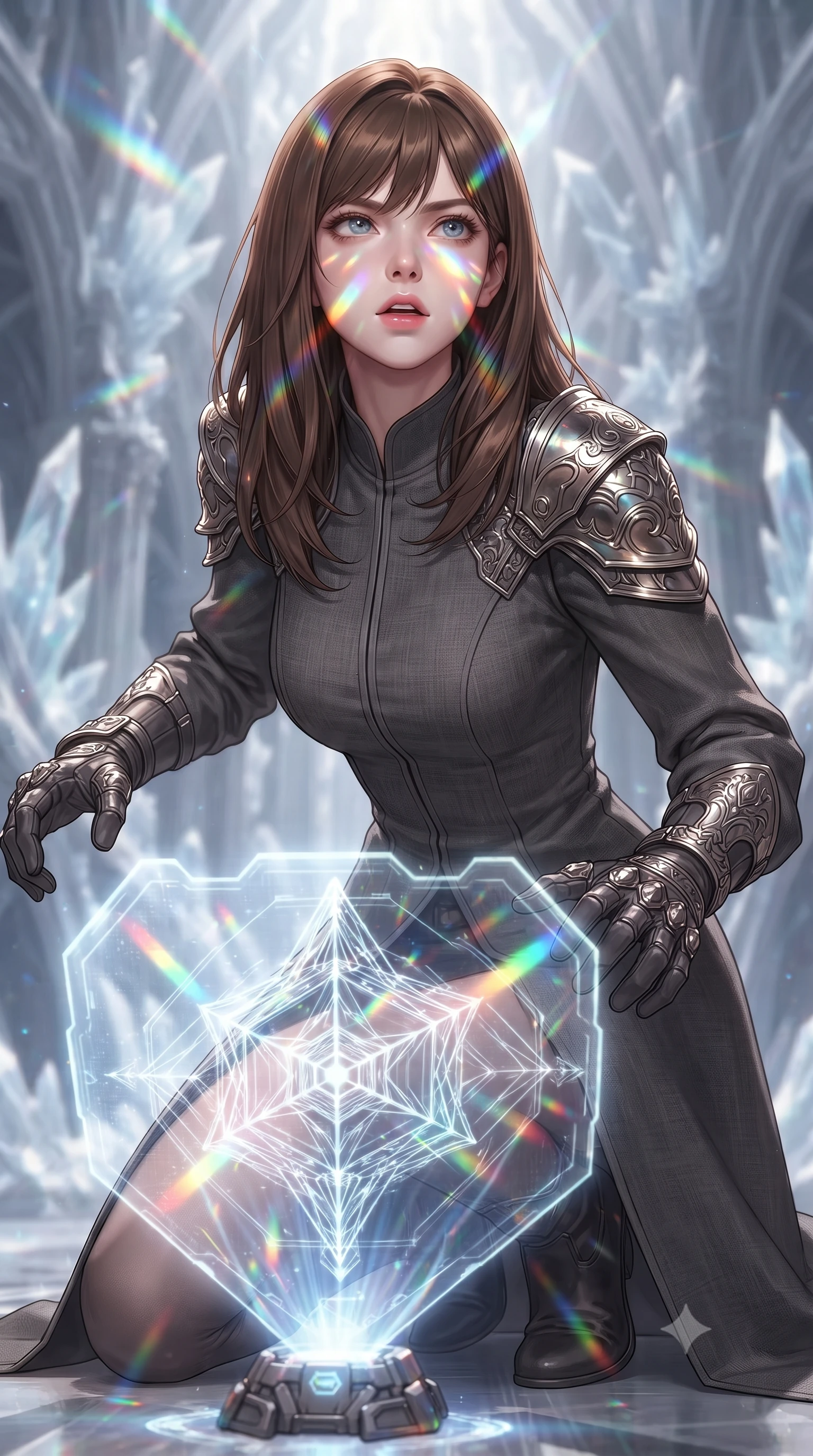 score_9, masterpiece, best quality, ultra-detailed, high-budget anime keyframe, editorial fashion photography, tasteful artistic composition, Korean woman. close-up cowboy shot from the waist and thighs up, the character dominates the composition, filling the frame with her large presence, background elements kept in soft focus. crouching slightly behind a glowing holographic shield emitter, looking up with defiance and lips slightly parted, the background shows a soft-focus a cathedral made of stilled light waves, frozen in time and space. She has an exceptionally elegant, slender, and willowy female figure with an ultra-slim waist, a gracefully sculpted slender torso, and a refined silhouette. sharp v-shaped jawline, high-bridge nose, intricate jewel-like eyes with depth, thick eyelashes, glossy lips with a natural sheen. wearing a slim-fit neo-gothic space defender robe in dark grey linen, featuring structured shoulder pauldrons and matching combat gloves. dazzling rainbow prismatic light refracting through stilled light crystals. ultra-reflective glossy finish, specular highlights, metallic sheen, high-contrast stereoscopic depth, volumetric dynamic lighting, 2k, ultra detail, master piece, 9:16 ratio