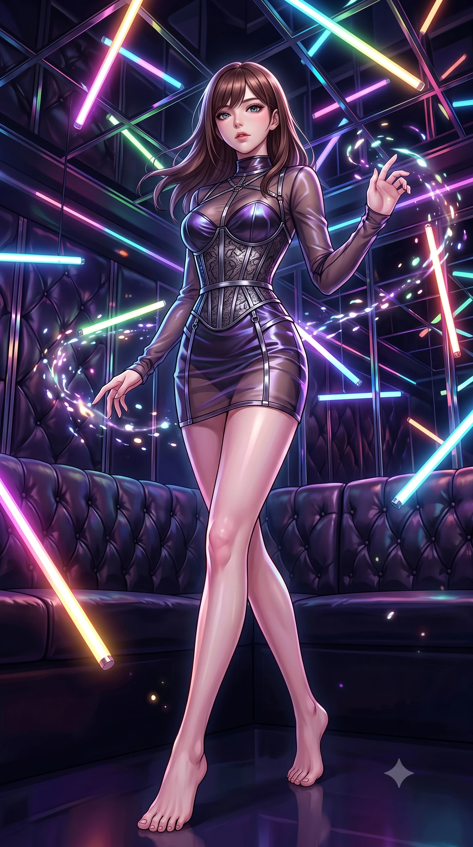 score_9, masterpiece, best quality, ultra-detailed, high-budget anime keyframe, editorial fashion photography, tasteful artistic composition, Korean woman. low angle full-body shot from head to toe showing her feet, filling the entire 9:16 vertical frame with her statuesque presence, stretching her vertical silhouette. interacting with glowing light particles, her long slender legs poised in motion, navigating a dark leather-walled VIP room filled with floating neon light tubes, glove-like fit liquid vinyl dress highlighting her ultra-slim waist. She has an absolutely perfect, statuesque 8.5-heads proportion, an exceptionally tall and slender model-like female figure with impossibly long slender legs and an ultra-slim waist. sharp v-shaped jawline, high-bridge nose, intricate jewel-like eyes with depth, thick eyelashes, glossy lips with a natural sheen. wearing translucent dark organza mini dress over structured black lace corset in metallic dark silver, made of iridescent dark violet taffeta, highlighted by a gunmetal metallic harness structure, highlighting her statuesque proportions and ultra-slim waistline. bathed in high-contrast specular reflections from mirror ceilings. highly saturated vibrant anime colors, detailed shading with soft gradients, rich glossy textures, high-contrast stereoscopic depth, volumetric dynamic lighting, master piece, 9:16 ratio