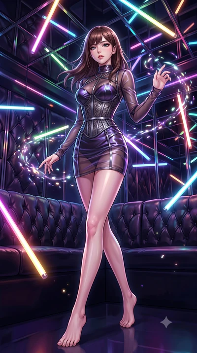 score_9, masterpiece, best quality, ultra-detailed, high-budget anime keyframe, editorial fashion photography, tasteful artistic composition, Korean woman. low angle full-body shot from head to toe showing her feet, filling the entire 9:16 vertical f