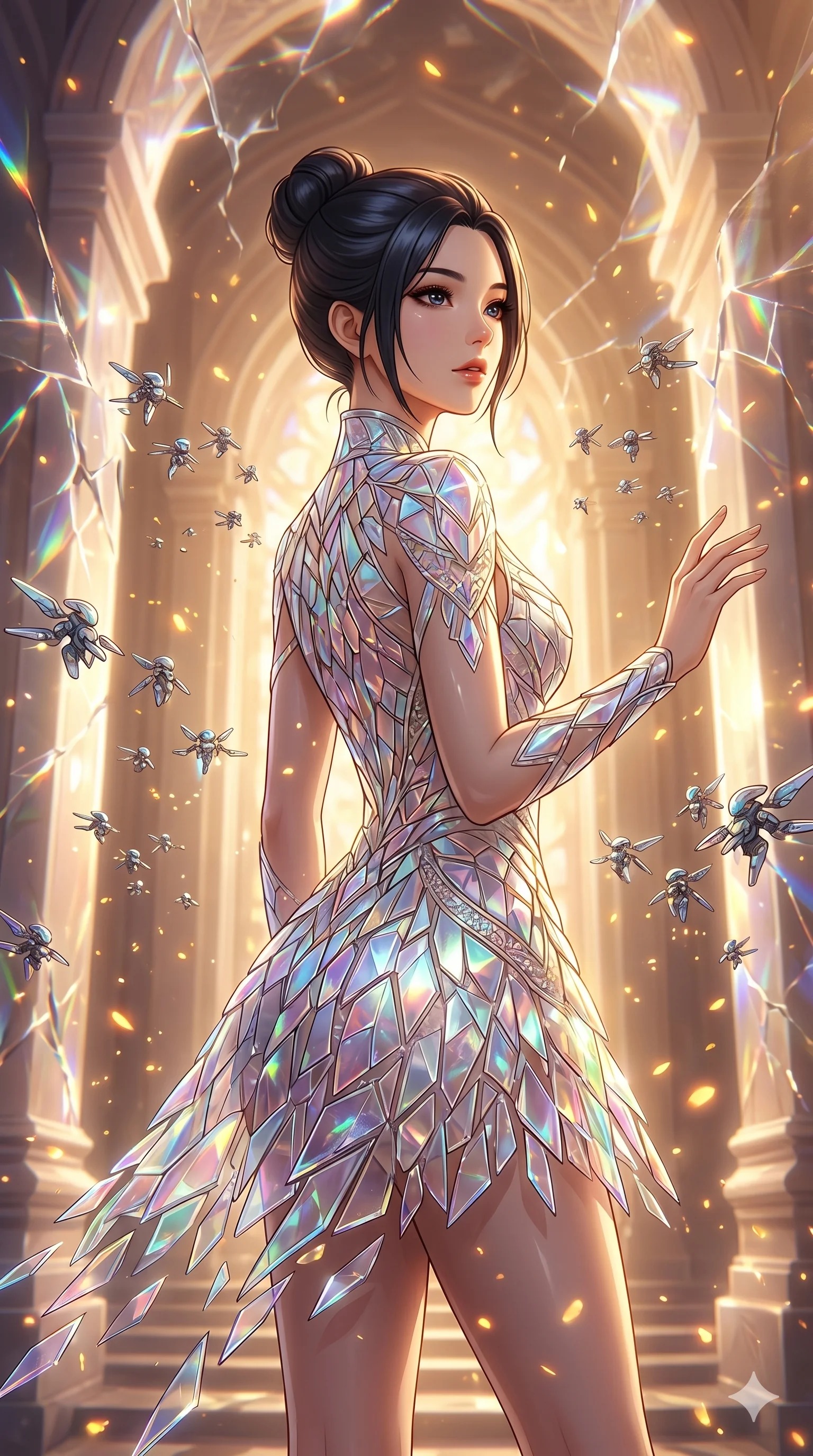 score_9, masterpiece, best quality, ultra-detailed, Set A: High-budget Anime Keyframe, Japanese woman. Upper body close-up from the thighs up, character filling the screen for maximum presence. Theme: Ethereal Dream. shattering the fabric of reality in a temple made of solid light, surrounded by 199 hovering guardian drones. The atmosphere is filled with golden hour with floating embers. She has an absolutely perfect 8-heads proportion, an exceptionally tall and slender female figure with impossibly long slender legs and an ultra-slim waist. Sharp v-shaped jawline, high-bridge nose, intricate jewel-like eyes with depth, glossy lips. Wearing Fragmented mirror-glass dress that creates a prismatic lighting effect around her. Cinematic lighting, vivid colors, dramatic shadows, 2k, ultra detail, master piece, 9:16 ratio