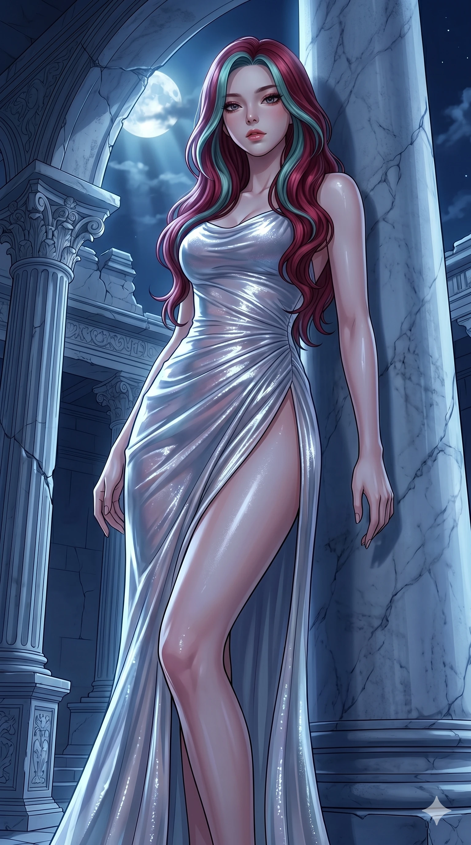 score_9, masterpiece, best quality, ultra-detailed, High-budget Anime Keyframe, East Asian woman. Low angle cowboy shot filling the entire 9:16 frame with her statuesque presence. Scenario 263: Leaning against a cold marble pillar in a moonlit greek temple. Her presence is magnetic and overpowering in this high-budget anime scene. Outfit 263: A shimmering chiffon liquid with a thigh-high slit and wet-look texture. The clothing is designed to emphasize her exceptionally tall and slender 8-heads proportion. 8-heads proportion, towering silhouette, ultra-slim waist. sharp v-shaped jawline, intricate jewel-like eyes with depth, thick eyelashes, glossy lips. 2k, ultra detail, master piece, 9:16 ratio