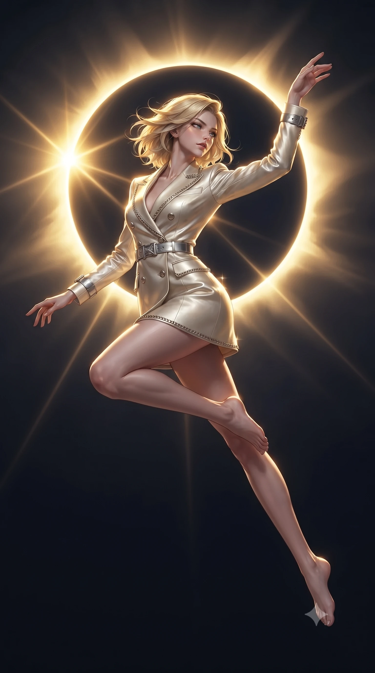 score_9, masterpiece, best quality, ultra-detailed, high-budget anime keyframe, editorial fashion photography, tasteful artistic composition, Caucasian woman. low angle full-body shot from head to toe showing her feet, filling the entire 9:16 vertical frame with her statuesque presence, stretching her vertical silhouette. leaping dynamically through the luminous sky, her posture full of power and elegance, looking out at a dark sky surrounded by a brilliant golden eclipse halo, the brilliant golden corona of a solar eclipse casting sharp dramatic key rays. She has an absolutely perfect, statuesque 8.5-heads proportion, an exceptionally tall and slender model-like female figure with impossibly long slender legs and an ultra-slim waist. sharp v-shaped jawline, high-bridge nose, intricate jewel-like eyes with depth, thick eyelashes, glossy lips with a natural sheen. wearing tailored double-breasted opal white blazer dress in champagne gold, made of polished ivory leather, framed by polished silver buckles and delicate chain details, following her slender form with tailored precision. illuminated by the radiant golden corona of a solar eclipse. ultra-reflective glossy finish, specular highlights, metallic sheen, high-contrast stereoscopic depth, volumetric dynamic lighting, 2k, ultra detail, master piece, 9:16 ratio