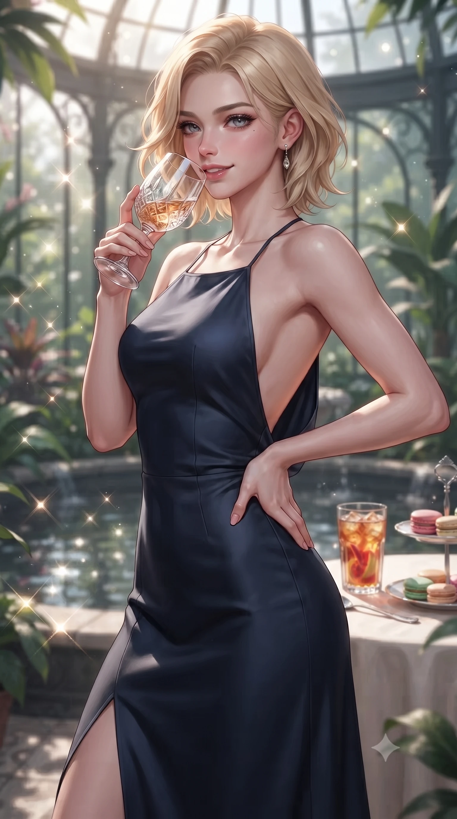 score_9, masterpiece, best quality, ultra-detailed, high-budget anime keyframe, editorial fashion photography, tasteful artistic composition, Caucasian woman. close-up cowboy shot from the waist and thighs up, the character dominates the composition, filling the frame with her large presence, background elements kept in soft focus. resting one hand on her ultra-slim waist while holding a crystal wine glass near her lips with an alluring smile set against a soft-focus background of inside an exclusive botanical greenhouse with a glass of iced fruit tea and delicate macaron pastries arranged on the table. She has an exceptionally elegant, slender, and willowy female figure with an ultra-slim waist, a gracefully sculpted slender torso, and a refined silhouette. sharp v-shaped jawline, high-bridge nose, intricate jewel-like eyes with depth, thick eyelashes, glossy lips with a natural sheen. wearing tailored midnight navy matte silk backless linen halter dress featuring delicate straps and a draped open-back design featuring refined tailored seams. lit by crisp morning sun rays creating sparkling glints on polished glass and water. ultra-reflective glossy finish, specular highlights, metallic sheen, high-contrast stereoscopic depth, volumetric dynamic lighting, 2k, ultra detail, master piece, 9:16 ratio