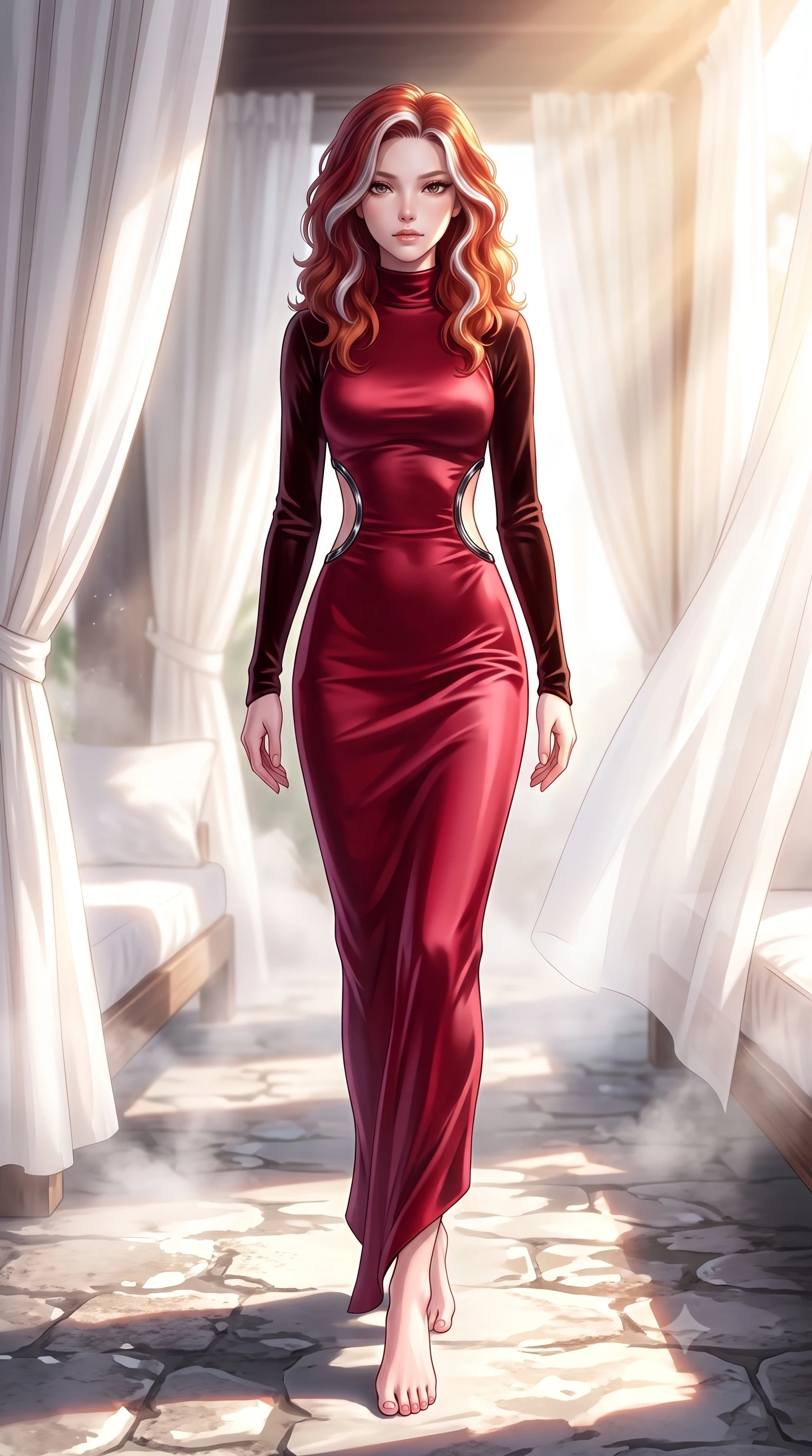 score_9, masterpiece, best quality, ultra-detailed, high-budget anime keyframe, editorial fashion photography, tasteful artistic composition, Caucasian woman. low angle full-body shot from head to toe showing her feet, filling the entire 9:16 vertical frame with her statuesque presence, stretching her vertical silhouette. forging confidently through the floating mist, holding a poised statuesque stance, lounging on a white linen daybed as warm afternoon sunbeams flood the room, effortless elegance in her posture, stretching her vertical 9:16 framing. She has an absolutely perfect, statuesque 8.5-heads proportion, an exceptionally tall and slender model-like female figure with impossibly long slender legs and an ultra-slim waist. sharp v-shaped jawline, high-bridge nose, intricate jewel-like eyes with depth, thick eyelashes, glossy lips with a natural sheen. wearing floor-length high-neck midnight navy velvet gown with long sleeves in dark mahogany, made of soft crimson satin, trimmed with dark chrome ring hardware along the waist contours, the fitted fabric emphasizing her ultra-slim waist. surrounded by a radiant sun-drenched ambiance with brilliant white highlights. highly saturated vibrant anime colors, detailed shading with soft gradients, rich glossy textures, high-contrast stereoscopic depth, volumetric dynamic lighting, master piece, 9:16 ratio