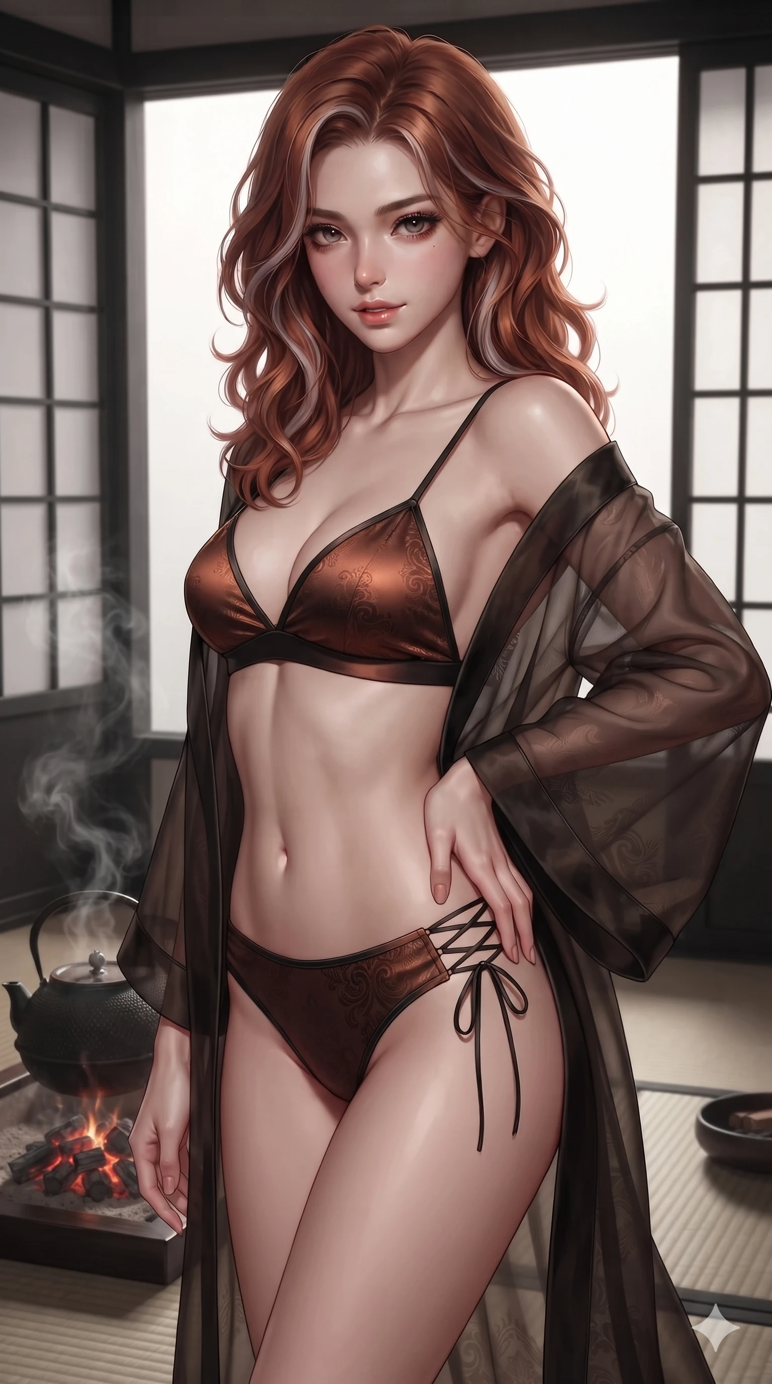 score_9, masterpiece, best quality, ultra-detailed, high-budget anime keyframe, editorial fashion photography, tasteful artistic composition, Caucasian woman. close-up cowboy shot from the waist and thighs up, the character dominates the composition, filling the frame with her large presence. holding a confident power pose with one hand on her hip, looking into the lens with smoldering intensity while twisting her slender torso in an alluring S-curve beside the steaming cast-iron tetsubin kettle, fragrant black incense smoke drifting past her curves. The surrounding environment is rendered in vivid detail and crisp panoramic clarity: detailed tailored onyx tux dress drape, fine silk lapel texture, and Japanese minimalist joinery in razor-sharp precision. She has an exceptionally elegant, slender, and willowy female figure with an ultra-slim waist, flat toned midriff, narrow ribcage, and sculpted feminine hips creating an alluring, slim hourglass silhouette without bulk. sharp v-shaped jawline, high-bridge nose, intricate jewel-like dark sparkling eyes with hypnotic seductive depth, thick curled eyelashes, glossy parted lips with a natural wine sheen, alluring bedroom-eyes with an enigmatic smoldering smile, exuding magnetic sovereign charisma and dark avant-garde glamour, flawlessly proportioned anatomical accuracy, strict slender model proportions, natural body alignment, perfectly sculpted long slender limbs, ultra-slim waistline, clean dynamic posture without body distortion. wearing a sheer gossamer organza evening kimono slipping off bare shoulders over a matching satin micro-bralette and briefs in dark burnt copper and matte black, tailored from rich silk jacquard with subtle embossed baroque patterns, featuring fine criss-cross lace-up side ties revealing tantalizing glimpses of her hip curve, contouring every curve with an exceptionally elegant silhouette and captivating allure. bathed in soft diffuse light filtering through black paper shoji screens and glowing charcoal brazier embers. ultra-reflective glossy finish, specular highlights, metallic sheen, high-contrast stereoscopic depth, volumetric dynamic lighting, 2k, ultra detail, master piece, 9:16 ratio