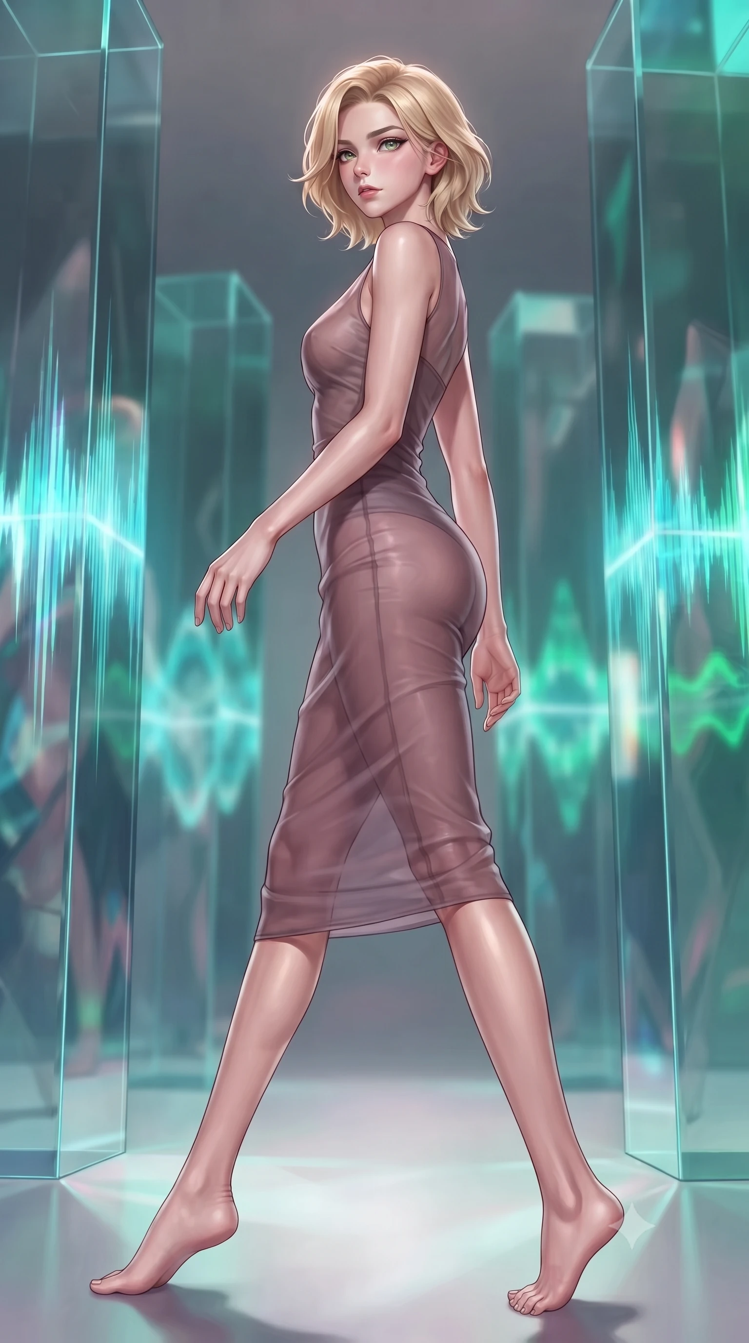score_9, masterpiece, best quality, ultra-detailed, high-budget anime keyframe, editorial fashion photography, tasteful artistic composition, Caucasian woman. low angle full-body shot from head to toe showing her feet, filling the entire 9:16 vertical frame with her statuesque presence, stretching her vertical silhouette. stepping gracefully while looking back over her shoulder, her dress draped tightly to reveal her silhouette the background shows a soft-focus a secret database chamber with geometric glass columns emitting digital pulse waves. She has an absolutely perfect, statuesque 8.5-heads proportion, an exceptionally tall and slender model-like female figure with impossibly long slender legs and an ultra-slim waist. sharp v-shaped jawline, high-bridge nose, intricate jewel-like eyes with depth, thick eyelashes, glossy lips with a natural sheen. wearing a body-hugging sheer organza dress in dusty mauve, showing her slender torso and willowy silhouette. rhythmic cyan and emerald light pulses reflecting off her silhouette. highly saturated vibrant anime colors, detailed shading with soft gradients, rich glossy textures, high-contrast stereoscopic depth, volumetric dynamic lighting, master piece, 9:16 ratio