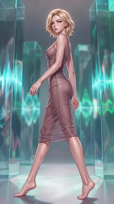 score_9, masterpiece, best quality, ultra-detailed, high-budget anime keyframe, editorial fashion photography, tasteful artistic composition, Caucasian woman. low angle full-body shot from head to toe showing her feet, filling the entire 9:16 vertica