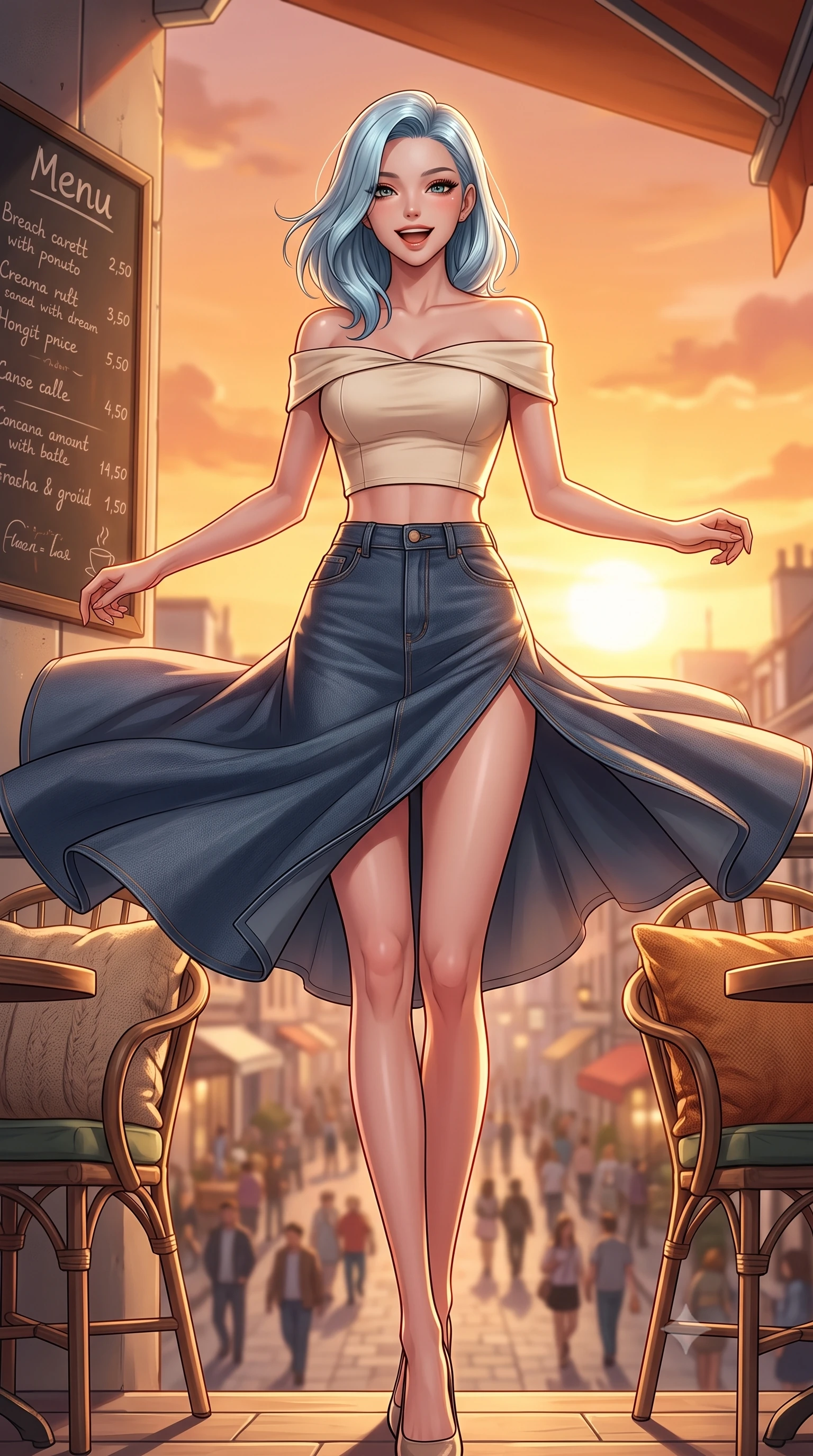 score_9, masterpiece, best quality, ultra-detailed, high-budget anime keyframe, editorial fashion photography, tasteful artistic composition, Korean woman. low angle full-body shot from head to toe showing her feet, filling the entire 9:16 vertical frame with her statuesque presence, stretching her vertical silhouette. twirling around with a playful, cute laugh, her skirt billowing beautifully in the air set against a soft-focus background of on a rooftop cafe terrace overlooking a busy pedestrian street below with a handwritten menu board and cozy cushions on the chairs. She has an absolutely perfect, statuesque 8.5-heads proportion, an exceptionally tall and slender model-like female figure with impossibly long slender legs and an ultra-slim waist. sharp v-shaped jawline, high-bridge nose, intricate jewel-like eyes with depth, thick eyelashes, glossy lips with a natural sheen. wearing tailored stylish off-shoulder crop top paired with a high-slit denim midi skirt. golden hour sunset rays painting the cozy interior in a warm orange wash. highly saturated vibrant anime colors, detailed shading with soft gradients, rich glossy textures, high-contrast stereoscopic depth, volumetric dynamic lighting, master piece, 9:16 ratio