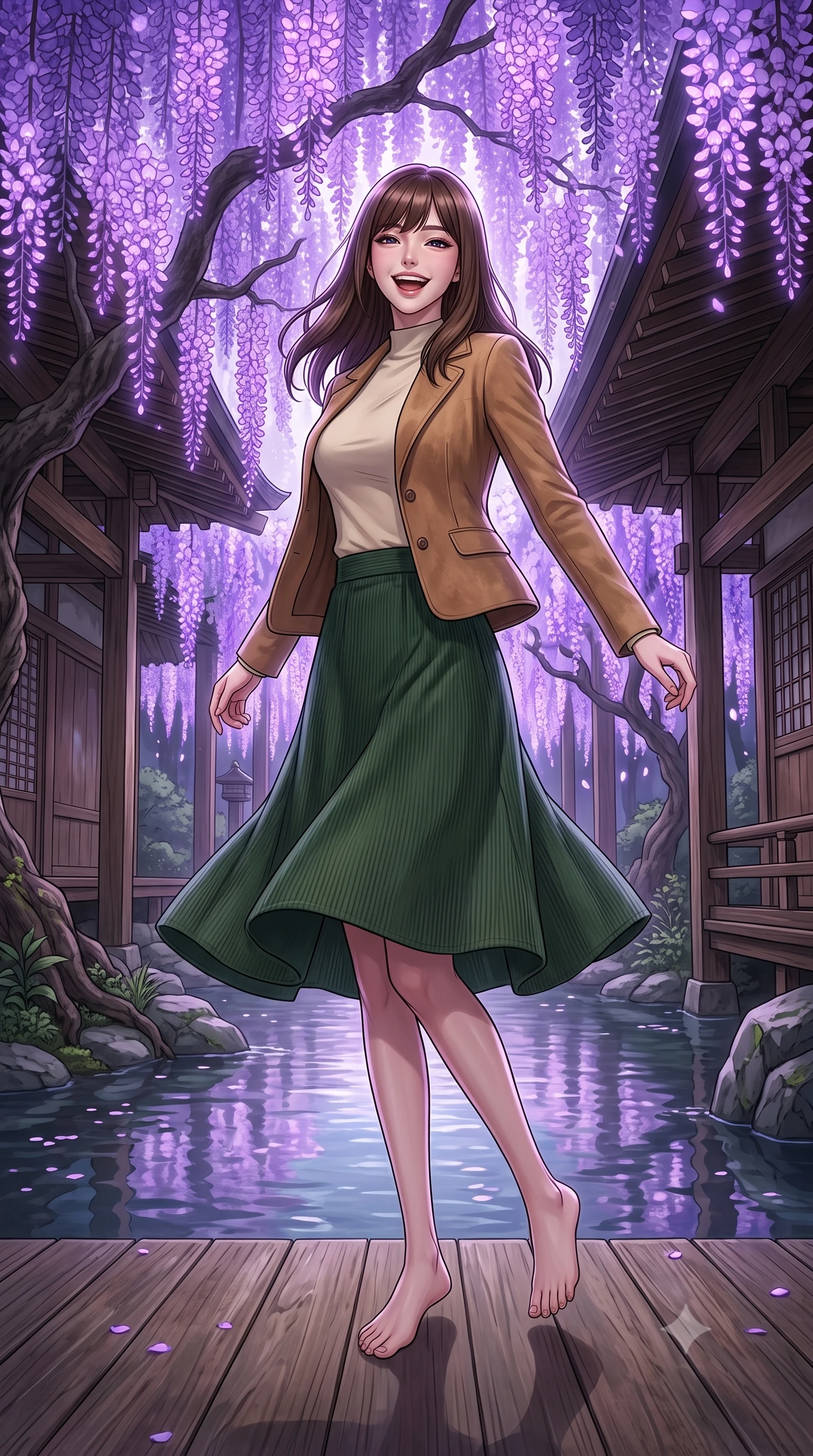 score_9, masterpiece, best quality, ultra-detailed, high-budget anime keyframe, editorial fashion photography, tasteful artistic composition, Korean woman. low angle full-body shot from head to toe showing her feet, filling the entire 9:16 vertical frame with her statuesque presence, stretching her vertical silhouette. twirling with a bright, delighted laugh inside in a traditional wooden shrine courtyard surrounded by giant wisteria trees with glowing purple flowers hanging over a calm, reflecting river. She has a statuesque 8.5-heads proportion, an exceptionally tall, slender and willowy model-like build with impossibly long legs and a highly sculpted ultra-slim waist. sharp v-shaped jawline, high-bridge nose, intricate jewel-like eyes with depth, thick eyelashes, glossy lips with a natural sheen. wearing a sleek tailored tan suede jacket over a cream mock-neck top and a forest green corduroy midi skirt. soft purple bioluminescent light from the flowers casting gentle reflections on the water and wooden structures. 2k, ultra detail, master piece, 9:16 ratio