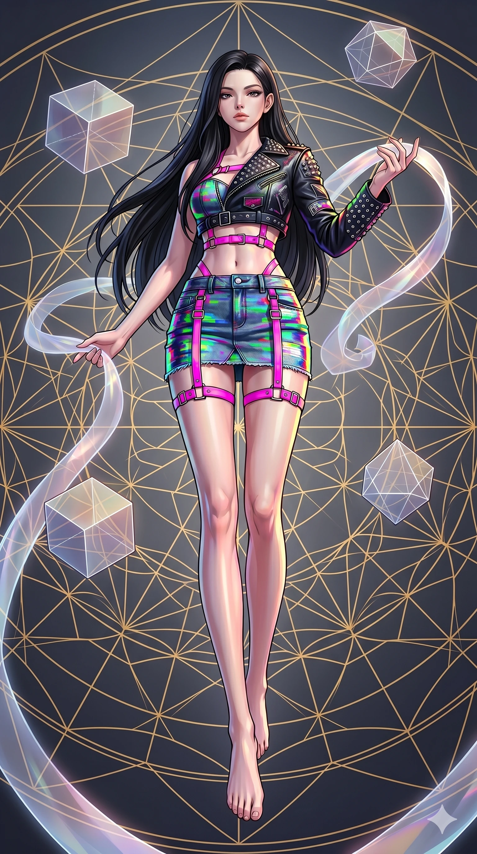 score_9, masterpiece, best quality, ultra-detailed, high-budget anime keyframe, Caucasian woman, strictly human ears. low angle full-body shot filling the entire 9:16 frame with her statuesque presence, stretching the vertical silhouette. floating gracefully in a mathematical mandala void filled with golden geometric lines of complex formulas, holding a translucent ribbon as she glides between floating regular polyhedrons. She has an absolutely perfect 8-heads proportion, an exceptionally tall and slender female figure with impossibly long slender legs and an ultra-slim waist. V-shaped jawline, high-bridge nose, intricate jewel-like eyes with depth, thick eyelashes, glossy lips with a natural sheen.. wearing a glitch denim and studded leather outfit, featuring an RGB glitch pattern denim micro-skirt, a single-sleeve cropped leather jacket, and neon pink harness straps. accented by dynamic color-blocked lighting with high-contrast shadows emphasizing her statuesque height. 2k, ultra detail, master piece, 9:16 ratio