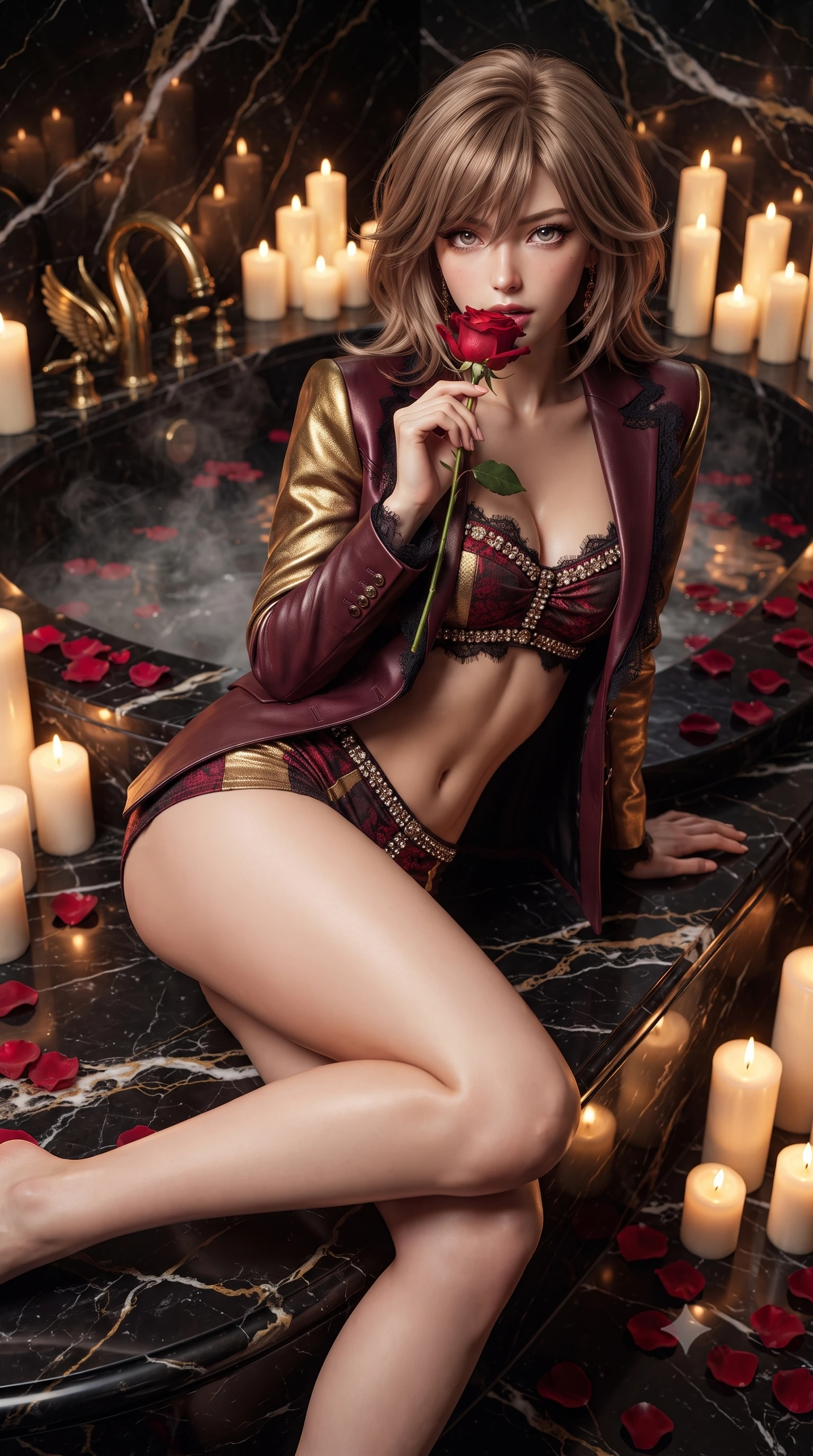 score_9, masterpiece, best quality, ultra-detailed, high-budget anime keyframe, editorial fashion photography, tasteful artistic composition, Japanese woman. close-up cowboy shot from the waist and thighs up, the character dominates the composition, filling the frame with her large presence. perched sideways on the lounge seat, one knee drawn up to showcase her slender leg line while her arched back accentuates her feminine hip curve while leaning back against the steaming black stone tub with hips cocked back, looking into the lens with an intoxicating, smoldering gaze. The surrounding environment is rendered in vivid detail and crisp panoramic clarity: sharp Nero Marquina marble veining, gilded brass swan-neck faucet details, and floating rose petal textures in deep focus. She has an exceptionally elegant, slender, and willowy female figure with an ultra-slim waist, flat toned midriff, narrow ribcage, and sculpted feminine hips creating an alluring, slim hourglass silhouette without bulk. sharp v-shaped jawline, high-bridge nose, sparkling eyes with hypnotic seductive depth, thick curled eyelashes, glossy parted lips with a natural dewy peach sheen, alluring bedroom-eyes with an enchanting coquettish smile, exuding magnetic siren charisma and sophisticated glamour, flawlessly proportioned anatomical accuracy, strict slender model proportions, natural body alignment, perfectly sculpted long slender limbs, ultra-slim waistline, clean dynamic posture without body distortion. wearing a tailored open-front minimal smoking blazer worn over a jewel-embellished bandeau and micro-shorts in smoldering bordeaux wine and liquid gold with black chantilly lace, woven from buttery-soft stretch lambskin leather adhering to her body like a second skin, accented with a single fresh-cut long-stemmed crimson rose held delicately near her parted lips, the second-skin tailored fabric adhering flawlessly to her sculpted flat midriff and slender torso, emphasizing her long leg lines and perfectly proportioned willowy build. bathed in the warm flickering glow of dozens of pillar candles surrounding the tub. ultra-reflective glossy finish, specular highlights, rich textural contrasts, high-contrast stereoscopic depth, volumetric dynamic lighting, 2k, ultra detail, master piece, 9:16 ratio