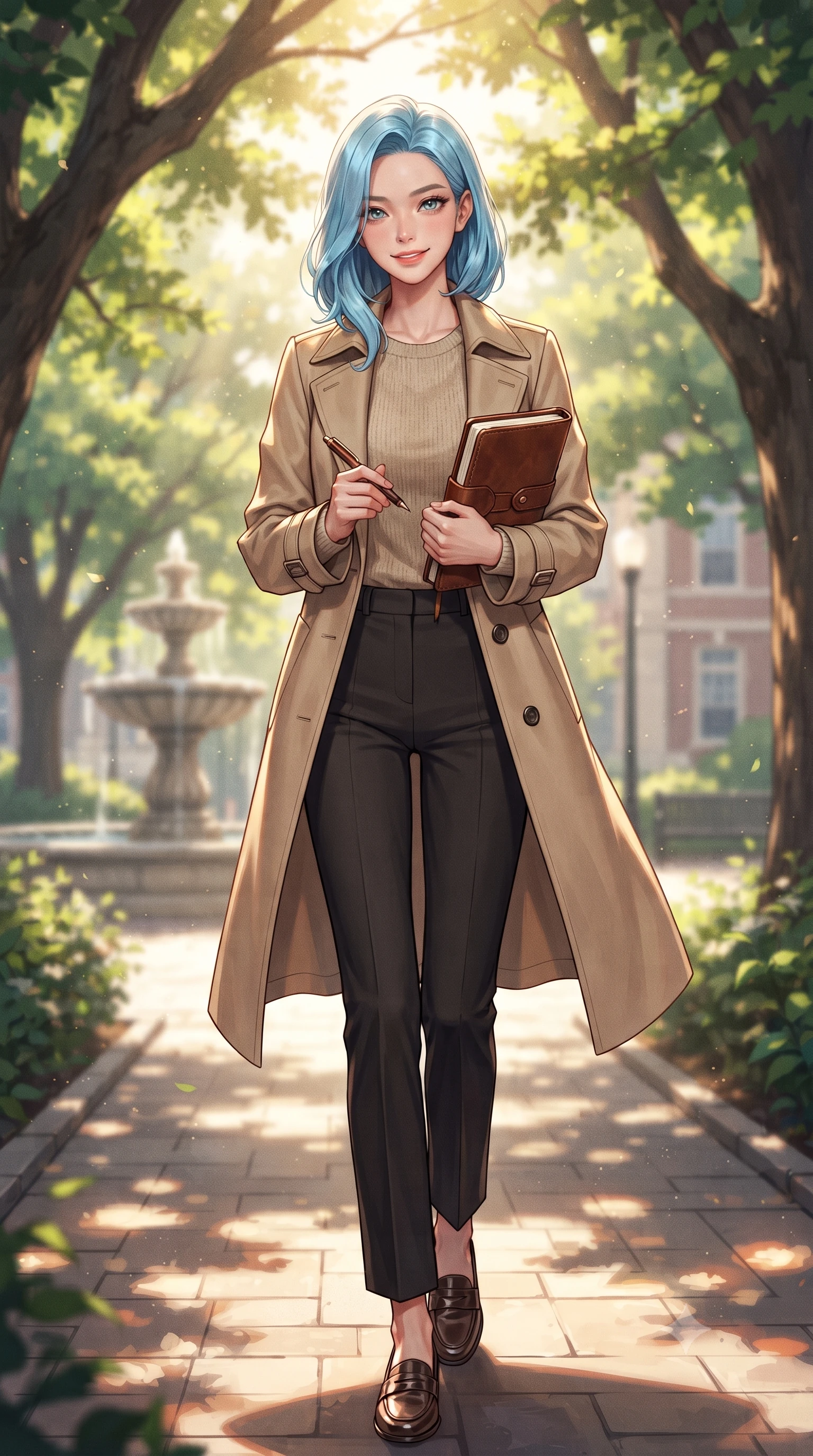 score_9, masterpiece, best quality, ultra-detailed, high-budget anime keyframe, editorial fashion photography, tasteful artistic composition, Korean woman. close-up cowboy shot from the waist and thighs up, the character dominates the composition, filling the frame with her large presence, background elements kept in soft focus. smiling cutely with an air of effortless superiority and magnetic charm set against a soft-focus background of walking down a leafy pathway of a quiet university garden with stone fountains holding a leather-bound journal and a matching pen. She has an exceptionally elegant, slender, and willowy female figure with an ultra-slim waist, a gracefully sculpted slender torso, and a refined silhouette. sharp v-shaped jawline, high-bridge nose, intricate jewel-like eyes with depth, thick eyelashes, glossy lips with a natural sheen. wearing tailored smart-casual beige trench coat worn over an oatmeal knit top and straight-leg trousers. warm morning sunbeams filtering through the leafy tree canopy. highly saturated vibrant anime colors, detailed shading with soft gradients, rich glossy textures, high-contrast stereoscopic depth, volumetric dynamic lighting, master piece, 9:16 ratio