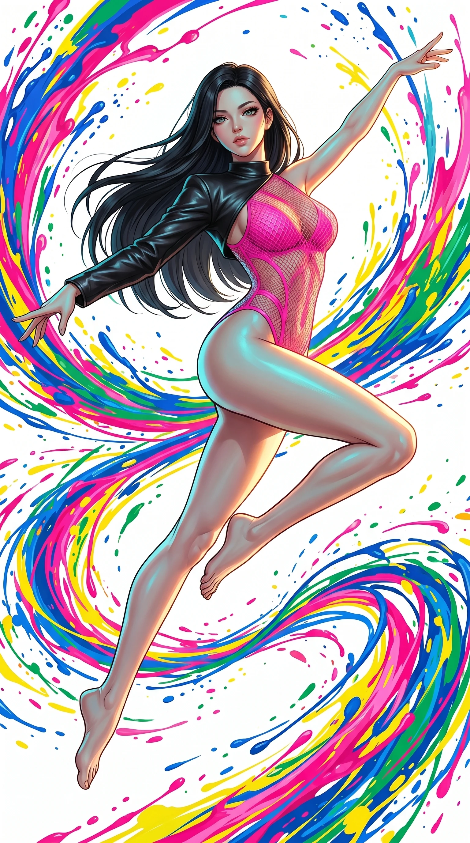 score_9, masterpiece, best quality, ultra-detailed, high-budget anime keyframe, Japanese woman. low angle full-body shot filling the entire 9:16 frame with her statuesque presence, stretching the vertical silhouette. leaping into a vorticist paint splatter dimension where thousands of vivid acrylic paint ribbons and splatters swirl around her in a white gallery void. She has an absolutely perfect 8-heads proportion, an exceptionally tall and slender female figure with impossibly long slender legs and an ultra-slim waist. V-shaped jawline, high-bridge nose, intricate jewel-like eyes with depth, thick eyelashes, glossy lips with a natural sheen.. wearing a fluorescent pink mesh bodysuit, styled with a cropped single-sleeve black leather shrug for a bold stage look. showcasing a beautiful play of light and shadow, with warm golden rays clashing against cool cyan highlights. 2k, ultra detail, master piece, 9:16 ratio