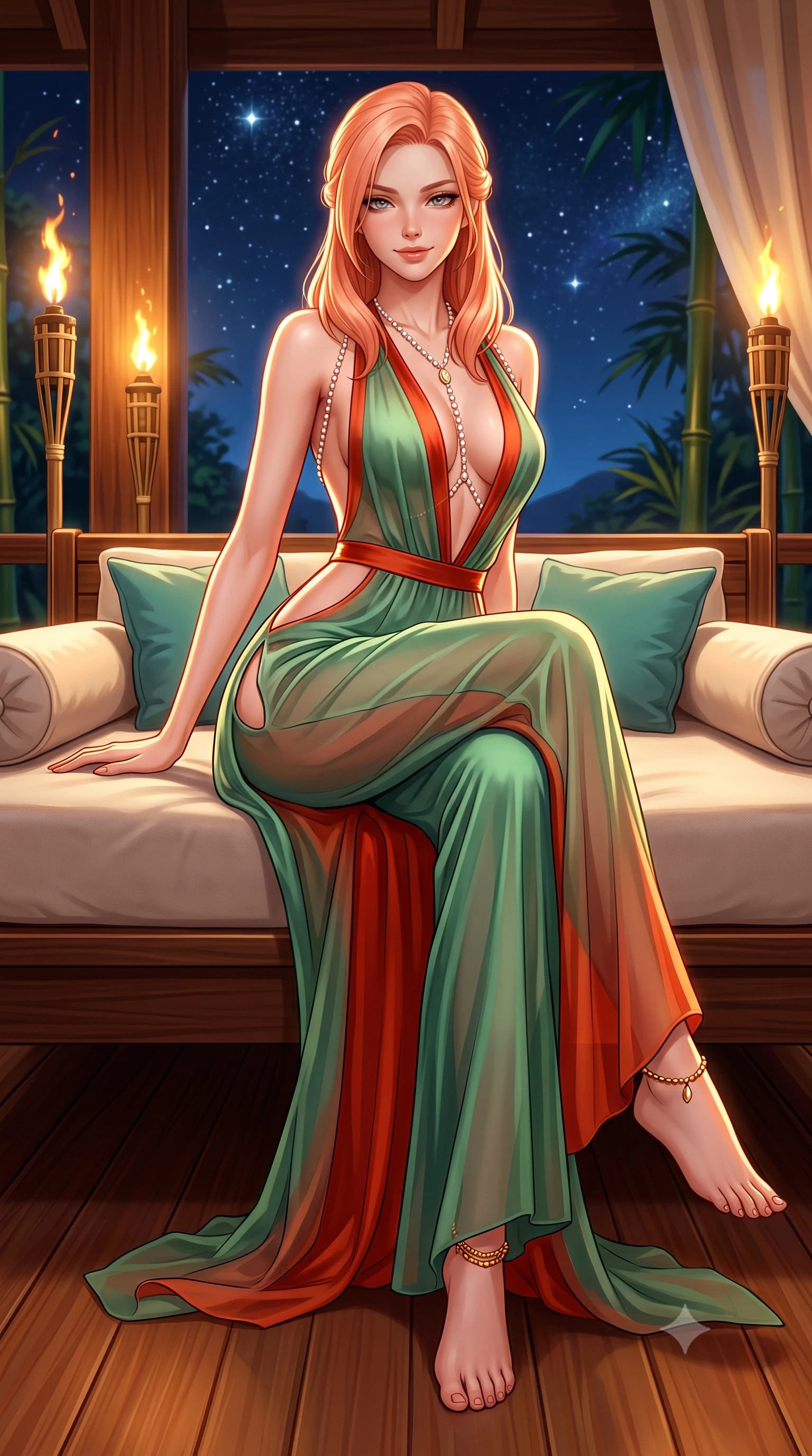 score_9, masterpiece, best quality, ultra-detailed, high-budget anime keyframe, semi-realistic 3D game render, editorial fashion photography, tasteful artistic composition, Japanese woman. low angle full-body shot from head to toe showing her feet, filling the entire 9:16 vertical frame with her statuesque presence, stretching her vertical silhouette. lounging on the lavish daybed with legs crossed and hips angled toward the camera, displaying her toned midriff and long slender limbs with effortless siren poise while twisting her slender torso in an alluring contrapposto stance, flickering bamboo torches and starlight sculpting highlights on her silhouette. The surrounding environment is rendered in vivid detail and crisp panoramic clarity: detailed backless plunge-front silk satin jumpsuit tailoring, gold ankle chain gleam, and eco-luxury architectural craft in razor-sharp precision. She has an absolutely perfect, statuesque 8.5-heads proportion, an exceptionally tall and slender model-like female figure with impossibly long slender legs, an ultra-slim waist, a flat toned midriff, narrow delicate ribcage, and beautifully sculpted feminine hips creating a graceful, slim hourglass silhouette without any bulky heaviness. sharp v-shaped jawline, high-bridge nose, sparkling eyes with hypnotic seductive depth, thick curled eyelashes, glossy parted lips with a natural dewy peach sheen, alluring bedroom-eyes with an enchanting coquettish smile, exuding magnetic siren charisma and sophisticated glamour, flawlessly proportioned anatomical accuracy, strict slender model proportions, natural body alignment, perfectly sculpted long slender limbs, ultra-slim waistline, clean dynamic posture without body distortion. wearing a backless plunge-front silk satin jumpsuit with fluid wide-leg silhouette and side hip cutouts in Kyoto bamboo jade and lacquer vermilion, made of sheer gossamer chiffon that drapes softly against skin with airy translucence, accented with a pearl-drop body harness subtly framing her dewy collarbones and spine, the precision-cut side openings and low-back scoop framing her graceful spine and the sensual sweep of her slim, toned hips. illuminated by polished teak reflection bounce and sharp flame-gold rim lights defining her razor-sharp jawline, narrow waist, and curvy hips. highly saturated vibrant anime colors, detailed shading with soft gradients, rich glossy textures, high-contrast stereoscopic depth, volumetric dynamic lighting, master piece, 9:16 ratio