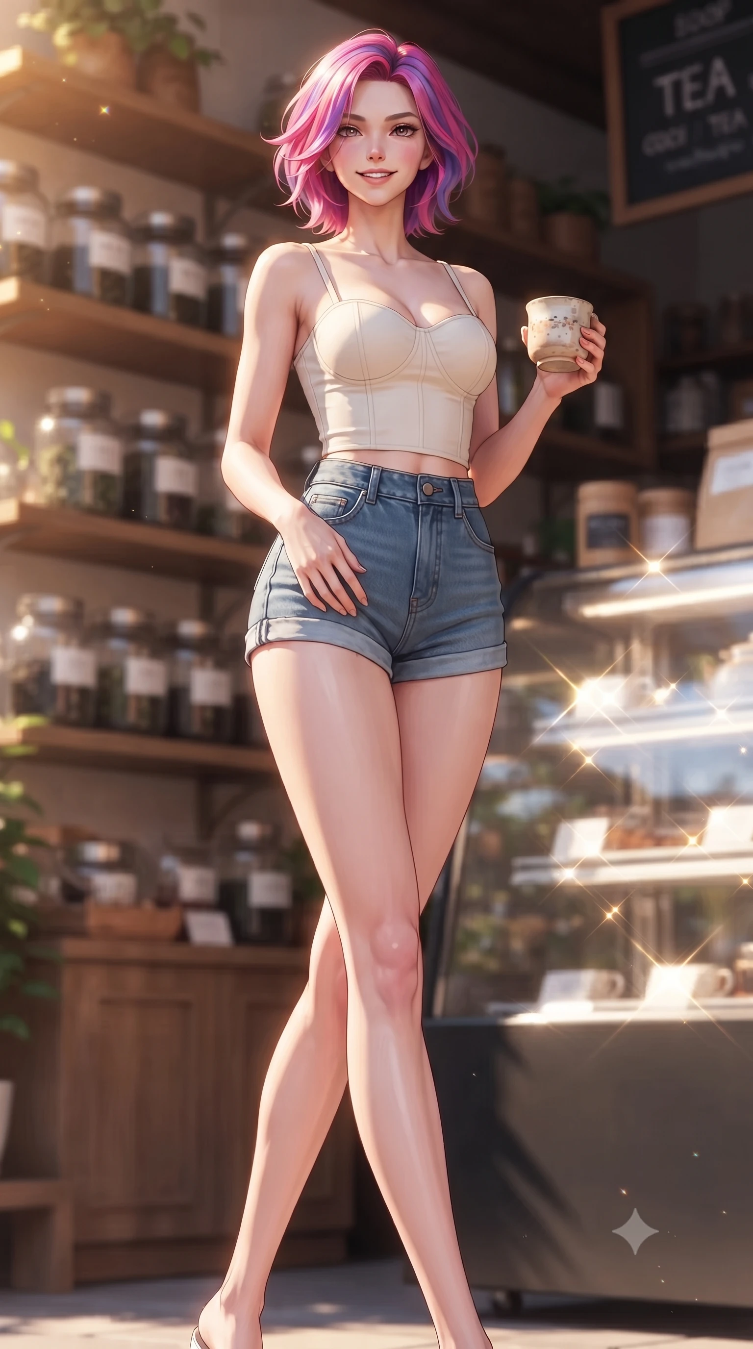 score_9, masterpiece, best quality, ultra-detailed, high-budget anime keyframe, editorial fashion photography, tasteful artistic composition, Caucasian woman. low angle full-body shot from head to toe showing her feet, filling the entire 9:16 vertical frame with her statuesque presence, stretching her vertical silhouette. stepping forward with an alluring, magnetic smile, her graceful posture highlighting her statuesque silhouette set against a soft-focus background of outside a cozy tea shop with jars of tea leaves displayed on wooden shelves holding a delicate handmade ceramic mug with a warm grin. She has an absolutely perfect, statuesque 8.5-heads proportion, an exceptionally tall and slender model-like female figure with impossibly long slender legs and an ultra-slim waist. sharp v-shaped jawline, high-bridge nose, intricate jewel-like eyes with depth, thick eyelashes, glossy lips with a natural sheen. wearing body-hugging tailored cotton bustier top paired with high-waist denim shorts. bright daylight reflecting off the display cases, creating sparkling glints. ultra-reflective glossy finish, specular highlights, metallic sheen, high-contrast stereoscopic depth, volumetric dynamic lighting, 2k, ultra detail, master piece, 9:16 ratio