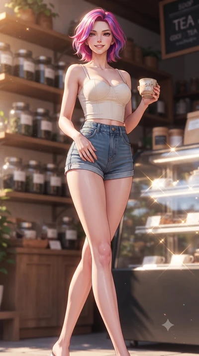 score_9, masterpiece, best quality, ultra-detailed, high-budget anime keyframe, editorial fashion photography, tasteful artistic composition, Caucasian woman. low angle full-body shot from head to toe showing her feet, filling the entire 9:16 vertica