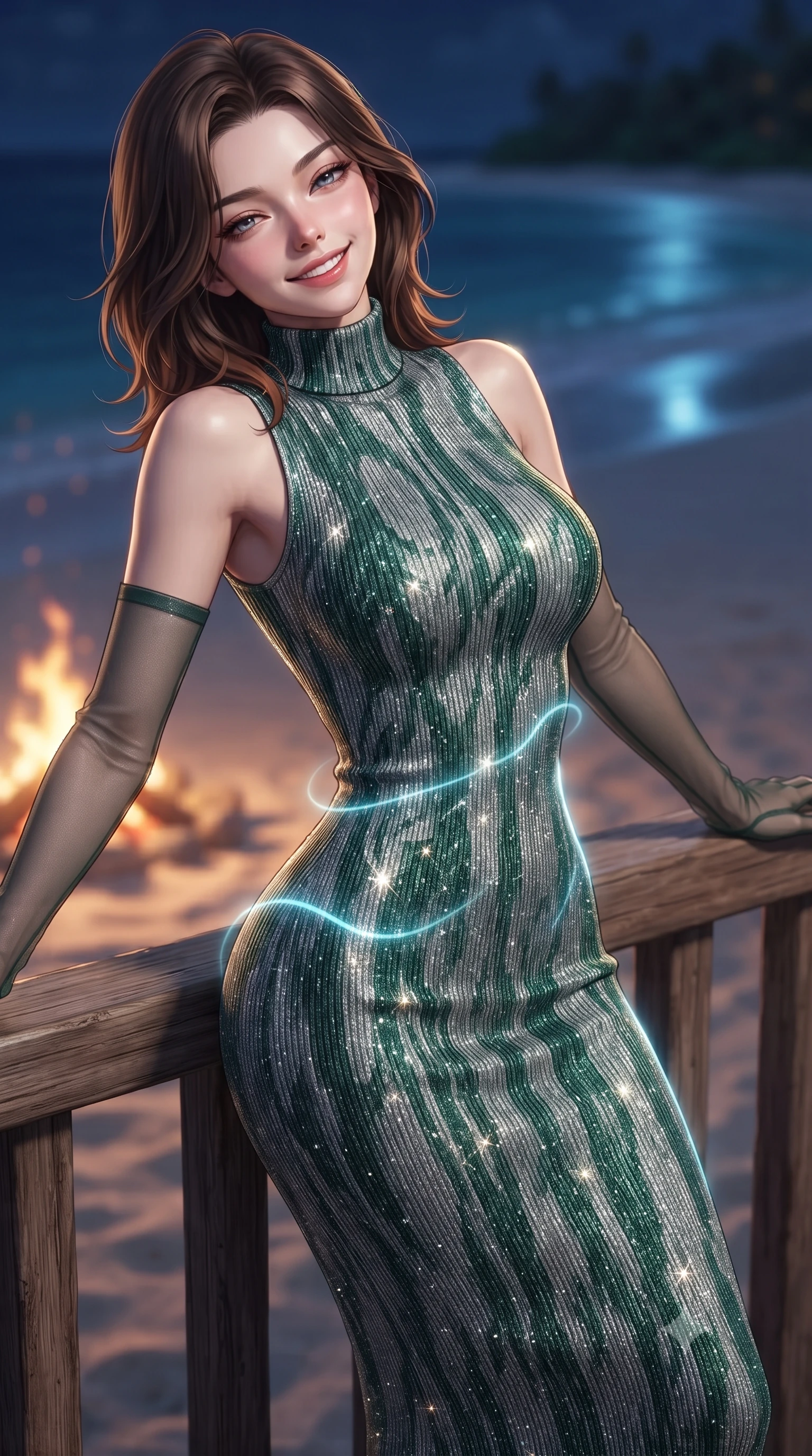 score_9, masterpiece, best quality, ultra-detailed, high-budget anime keyframe, editorial fashion photography, tasteful artistic composition, Korean woman. close-up cowboy shot from the waist and thighs up, the character dominates the composition, filling the frame with her large presence. leaning back against the balustrade with relaxed seductive grace, head tilted back slightly while casting a hypnotic, heavy-lidded gaze while twisting her slender torso in an alluring contrapposto stance, ethereal neon-blue wave luminescence tracing her flat midriff and curvy hips. The background shows a soft-focus flickering beach campfire embers softened in magical Maldivian nocturnal beach shallow focus. She has an exceptionally elegant, slender, and willowy female figure with an ultra-slim waist, flat toned midriff, narrow ribcage, and sculpted feminine hips creating an alluring, slim hourglass silhouette without bulk. sharp v-shaped jawline, high-bridge nose, intricate jewel-like sparkling eyes with depth, thick eyelashes, glossy parted lips with a natural peach sheen, bright cheerful beaming smile with an enchanting and coquettish sensual glint, exuding both youthful cute charm and seductive allure, flawlessly proportioned anatomical accuracy, strict slender model proportions, natural body alignment, perfectly sculpted long slender limbs, ultra-slim waistline, clean dynamic posture without body distortion. wearing an ultra-sleek Florentine second-skin ribbed knit turtleneck midi dress hugging every millimeter of her hourglass frame in Art Nouveau malachite green and antique starlight silver, woven from stretch metallic lurex jersey casting radiant starlight glints across her curves, complemented by sheer opera-length evening gloves tracing her slender arms, the liquid-tight tailored fabric clinging flawlessly to her narrow waist and rounded feminine hips, emphasizing every millimeter of her sculpted slim hourglass curves without any bulky heaviness. illuminated by glowing wet sand reflection sheen and sharp neon-blue and gold dual rim lights defining her dewy collarbones, ultra-slim waist, and curvy hips. ultra-reflective glossy finish, specular highlights, rich textural contrasts, high-contrast stereoscopic depth, volumetric dynamic lighting, 2k, ultra detail, master piece, 9:16 ratio