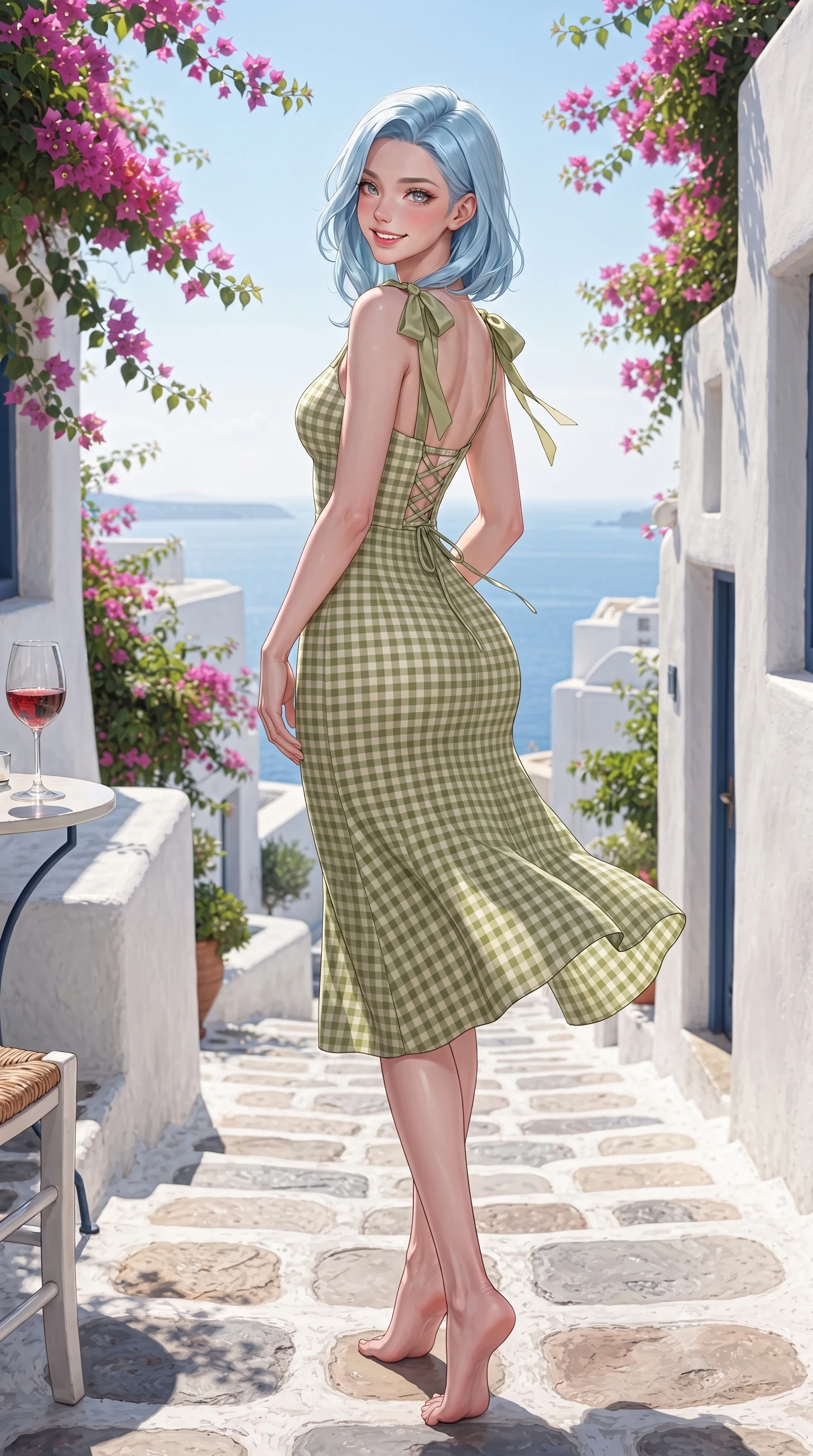 score_9, masterpiece, best quality, ultra-detailed, high-budget anime keyframe, editorial fashion photography, tasteful artistic composition, Korean woman. low angle full-body shot from head to toe showing her feet, filling the entire 9:16 vertical frame with her statuesque presence, stretching her vertical silhouette. posing with back turned slightly to the lens, glancing back with an enchanting, playful smile as she arches her lower back to emphasize her sculpted feminine hips and slender waist while descending the winding whitewashed cobblestone stairs framed by blooming bougainvillea, arching her back with a cheerful, dazzling smile. The surrounding environment is rendered in vivid detail and crisp panoramic clarity. detailed cotton sundress weave, wine glass condensation, and Aegean sea horizon clarity in high resolution. She has an exceptionally tall and slender model-like 8.5-heads proportion, an ultra-slim waist, a flat toned midriff, narrow delicate ribcage, and beautifully sculpted feminine hips creating a graceful, slim hourglass silhouette without any bulky heaviness, with impossibly long slender legs. sharp v-shaped jawline, high-bridge nose, intricate jewel-like sparkling eyes with depth, thick eyelashes, glossy parted lips with a natural peach sheen, bright cheerful beaming smile with an enchanting and coquettish sensual glint, exuding both youthful cute charm and seductive allure, flawlessly proportioned anatomical accuracy, strict slender model proportions, natural body alignment, perfectly sculpted long slender limbs, ultra-slim waistline, clean dynamic posture without body distortion. wearing a backless lace-up gingham sundress with a form-fitting bodice and hip-defining silhouette in matcha green and warm ivory, tailored from fine lightweight chiffon that flutters gently in the breeze, finished with cute satin bow ribbons tying at the shoulders, the glove-like silhouette tightly following the natural contour of her hips and long slender legs with youthful 8.5-heads elegance. bathed in rich Mediterranean afternoon sunlight and intense whitewashed plaster bounce fill. ultra-reflective glossy finish, specular highlights, rich textural contrasts, high-contrast stereoscopic depth, volumetric dynamic lighting, 2k, ultra detail, master piece, 9:16 ratio