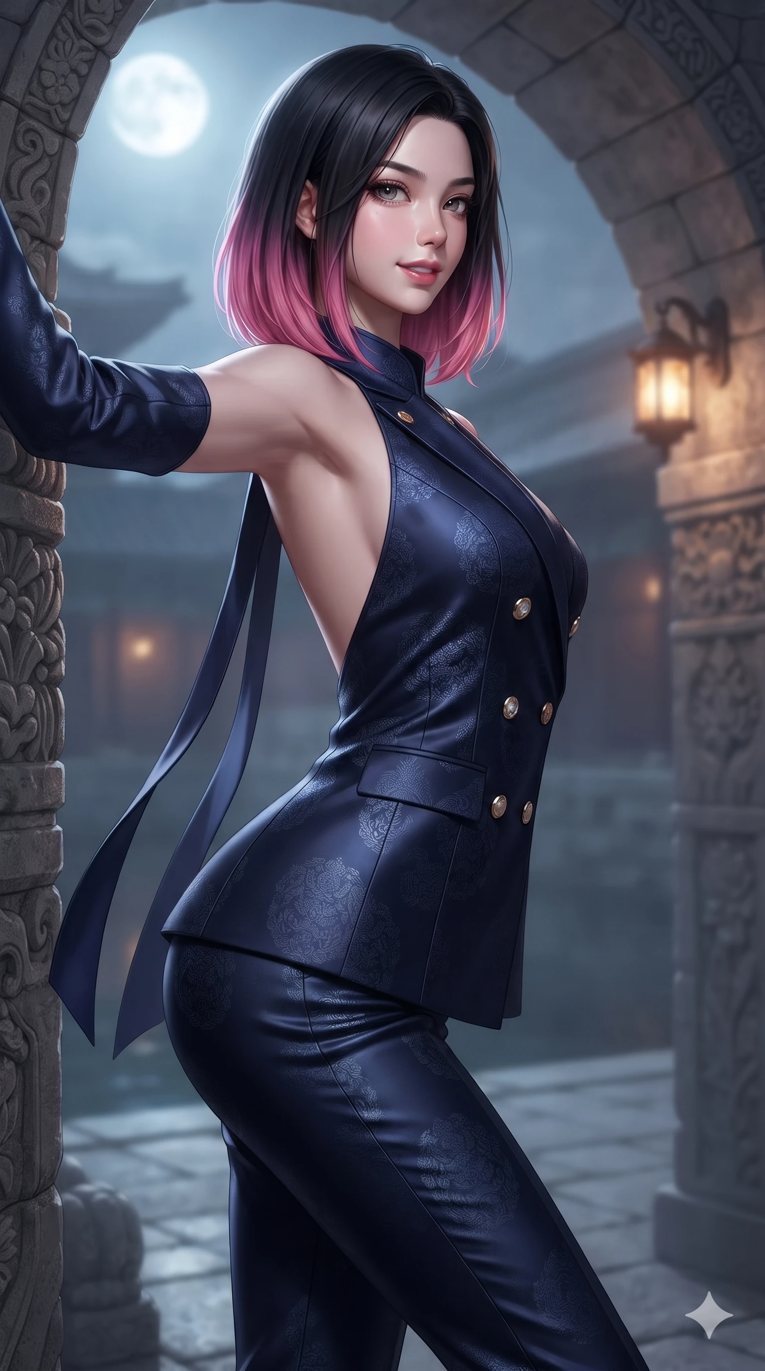 score_9, masterpiece, best quality, ultra-detailed, high-budget anime keyframe, editorial fashion photography, tasteful artistic composition, Korean woman. close-up cowboy shot from the waist and thighs up, the character dominates the composition, filling the frame with her large presence. twisting her slender torso in a deep contrapposto stance, hips dramatically shifted to accentuate her feminine curves while looking past her shoulder with smoldering bedroom-eyes while leaning against the carved stone water arch with hips cocked back, looking through thick curled eyelashes with an enchanting, dangerous smile. The background shows a soft-focus historic royal palace moat softened in atmospheric architectural shallow focus. She has an exceptionally elegant, slender, and willowy female figure with an ultra-slim waist, flat toned midriff, narrow ribcage, and sculpted feminine hips creating an alluring, slim hourglass silhouette without bulk. sharp v-shaped jawline, high-bridge nose, sparkling eyes with hypnotic seductive depth, thick curled eyelashes, glossy parted lips with a natural dewy peach sheen, alluring bedroom-eyes with an enchanting coquettish smile, exuding magnetic siren charisma and sophisticated glamour, flawlessly proportioned anatomical accuracy, strict slender model proportions, natural body alignment, perfectly sculpted long slender limbs, ultra-slim waistline, clean dynamic posture without body distortion. wearing a tailored double-breasted silk brocade pantsuit with mandarin collar and mother-of-pearl dragon crest buttons in midnight indigo and glowing lantern topaz, tailored from heavy double-faced silk faille with an exceptionally fluid drape, finished with long silk ribbon ties fluttering down her bare spine from a backless halter, the impeccably tailored cut draping gracefully along her slender figure with aristocratic eastern poise. bathed in celestial full-moon light contrasting with warm architectural gate lanterns. ultra-reflective glossy finish, specular highlights, rich textural contrasts, high-contrast stereoscopic depth, volumetric dynamic lighting, 2k, ultra detail, master piece, 9:16 ratio