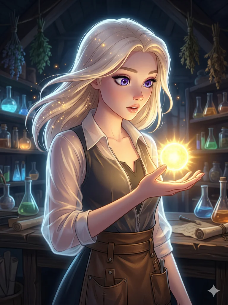 score_9, masterpiece, best quality, ultra-detailed, highend animation keyframe, an incredibly beautiful ethereal Caucasian woman with flawless pale skin (strictly human ears). Close-up portrait filling more than half of the frame. She is an alchemist in a laboratory filled with glowing potions, accidentally creating a tiny sun in her palm. She has an absolutely perfect petite and compact proportion, a petite female figure with a delicate skinny figure. Her face is a highly detailed masterpiece featuring a v-shaped jawline, high-bridge nose, intricate jewel-like eyes, thick eyelashes, and glossy lips. She has platinum blonde flowing hair with golden sparks. She is wearing a sheer fabric blouse unzipped at the top, highlighting her alluring silhouette. Soft luminous glow from potions, dramatic rim lighting, radiant glowing skin, cinematic dynamic light, 2k, ultra detail, master piece, 3:4 ratio