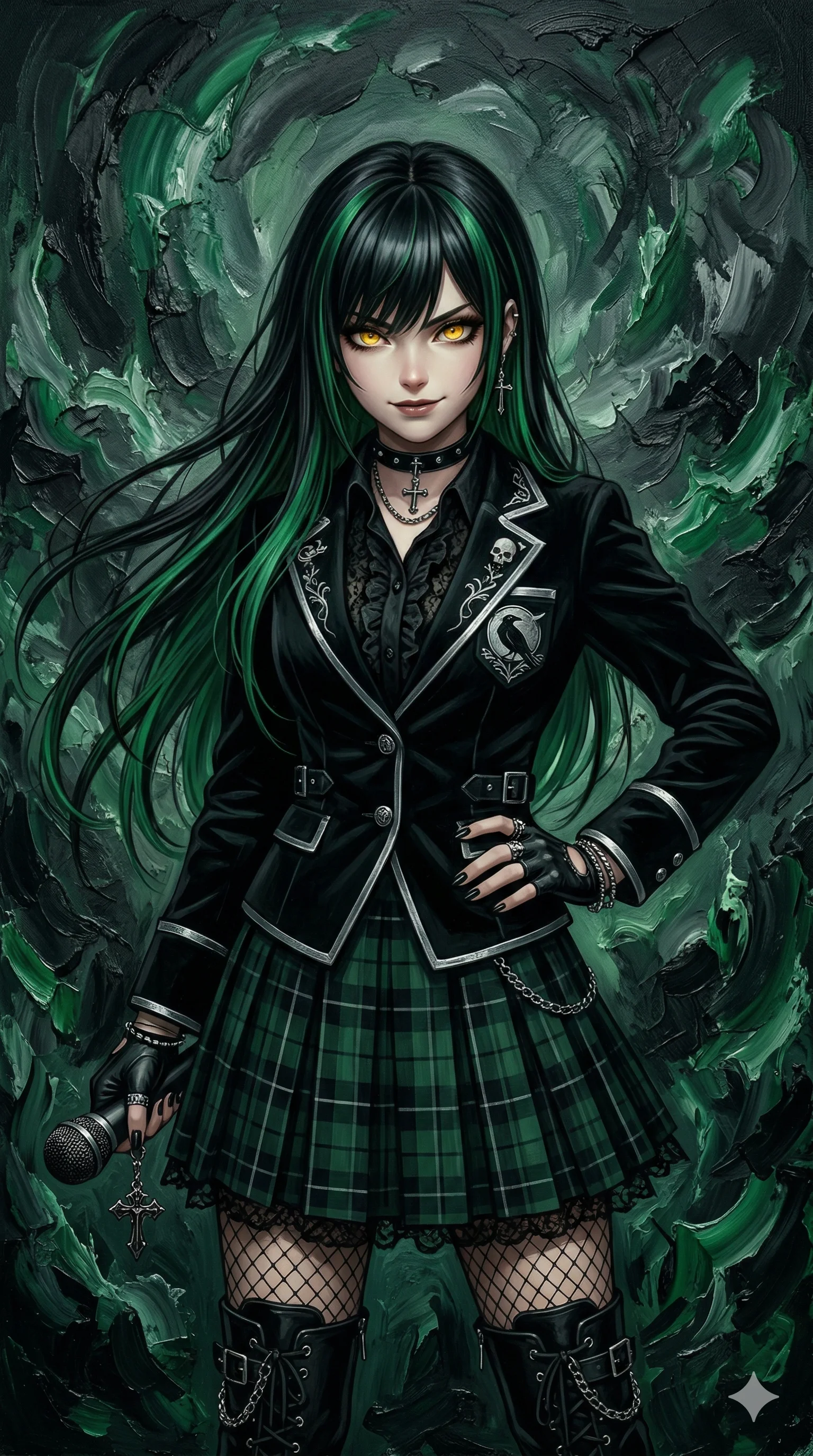 A post-impressionist expressionism manga-style female idol with long, flowing silver hair, composed with the golden ratio. Her eyes are intensely highlighted and subtly manipulated to glow with stage energy. She has an elegant yet high-impact idol hairstyle and a dynamic performance aura. Her professional idol outfit is a sparkling modern stage outfit with a clean silhouette, refined accessories, and kinetic fabric motion. The figure's height is proportioned to 175 cm, with vibrant brushstrokes, bold expressive colors, and energetic lighting. 4k, ultra detail, master piece, 9:16 ratio