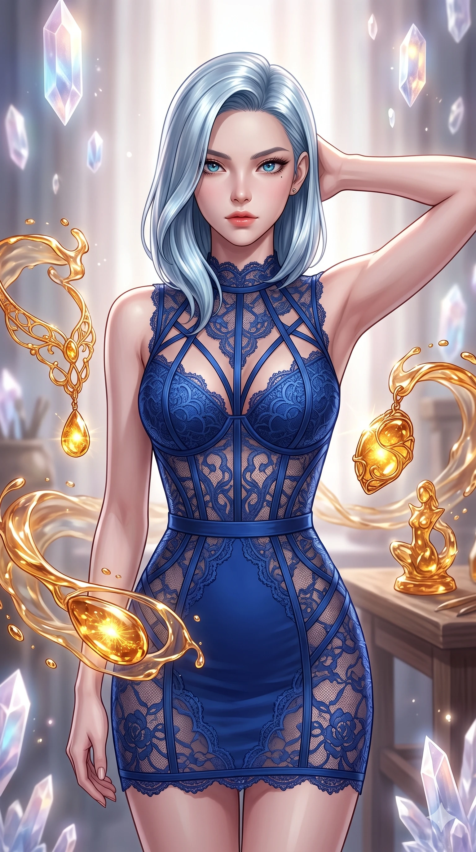 score_9, masterpiece, best quality, ultra-detailed, high-budget anime keyframe, editorial fashion photography, tasteful artistic composition, Korean woman. close-up cowboy shot from the waist and thighs up, the character dominates the composition, filling the frame with her large presence, background elements kept in soft focus. Placing one hand behind her head with confident body language and a direct stare. set against a soft-focus background of an artisan workshop where liquid amber is shaped mid-air by invisible hands into intricate jewelry and miniature sculptures each piece trapping golden light within its translucent honey-colored form. She has an exceptionally elegant and slender, willowy female figure with an ultra-slim waist, a gracefully sculpted slender torso, and a refined slim physique. sharp v-shaped jawline, high-bridge nose, intricate jewel-like eyes with depth, thick eyelashes, glossy lips with a natural sheen. wearing a lace cage dress in cobalt blue, with a detailed corset waist and sheer panels that highlight her slender torso. ethereal pearlescent light emanating from floating crystalline formations all around. 2k, ultra detail, master piece, 9:16 ratio