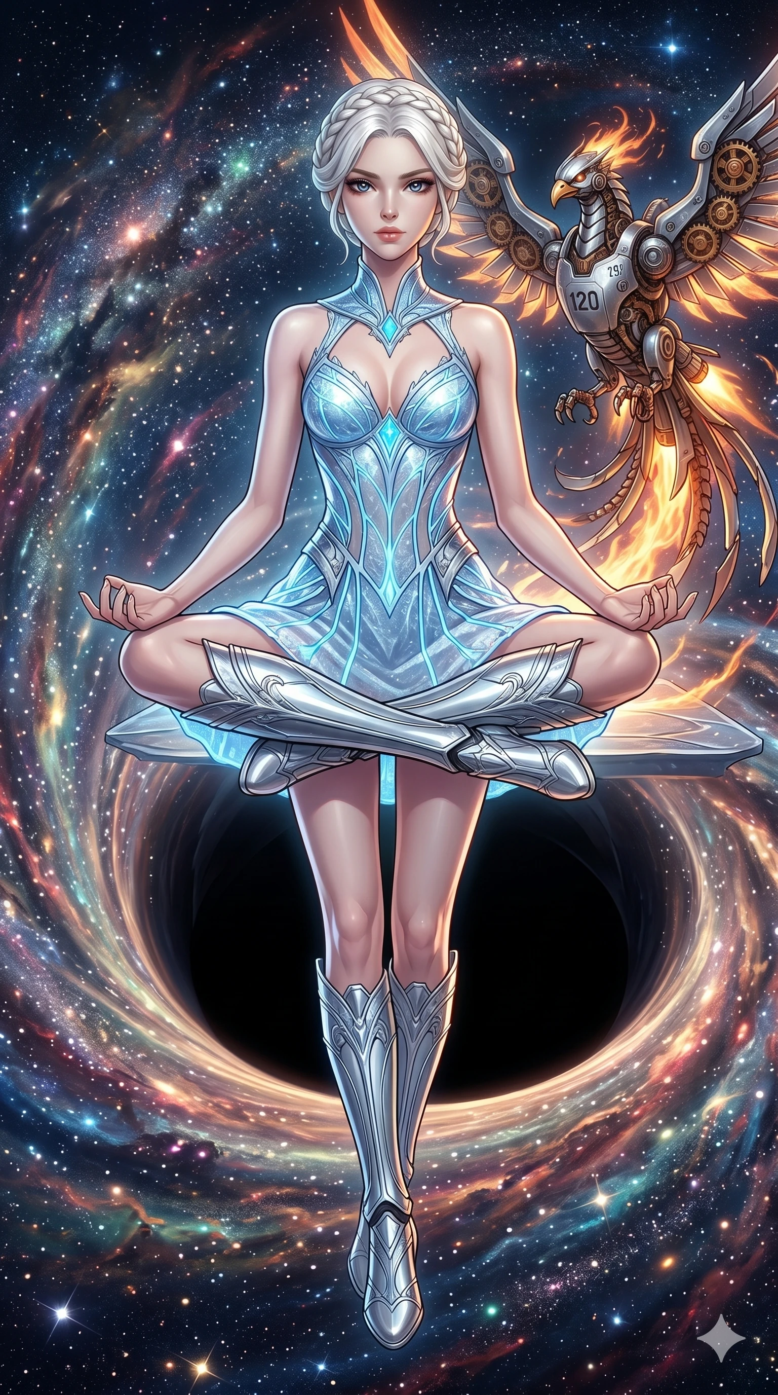 score_9, masterpiece, best quality, ultra-detailed, Set A: High-budget Anime Keyframe, Japanese woman. Low angle cowboy shot filling the entire 9:16 frame with her statuesque presence. Theme: Historical Remix. meditating in the edge of a black hole, while a mechanical phoenix rises in the background marked 120. The atmosphere is filled with a swirling vortex of stars. She has an absolutely perfect 8-heads proportion, an exceptionally tall and slender female figure with impossibly long slender legs and an ultra-slim waist. Sharp v-shaped jawline, high-bridge nose, intricate jewel-like eyes with depth, glossy lips. Wearing Frozen-crystal mini-dress with ice-blue glowing veins and silver armored boots. Cinematic lighting, vivid colors, dramatic shadows, 2k, ultra detail, master piece, 9:16 ratio