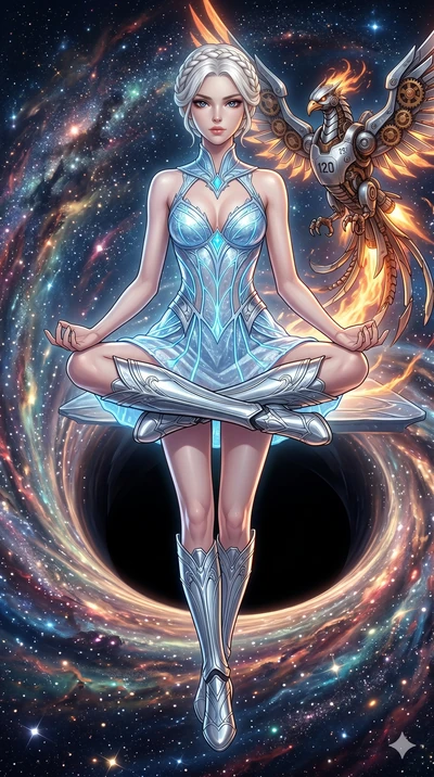 score_9, masterpiece, best quality, ultra-detailed, Set A: High-budget Anime Keyframe, Japanese woman. Low angle cowboy shot filling the entire 9:16 frame with her statuesque presence. Theme: Historical Remix. meditating in the edge of a black hole, 