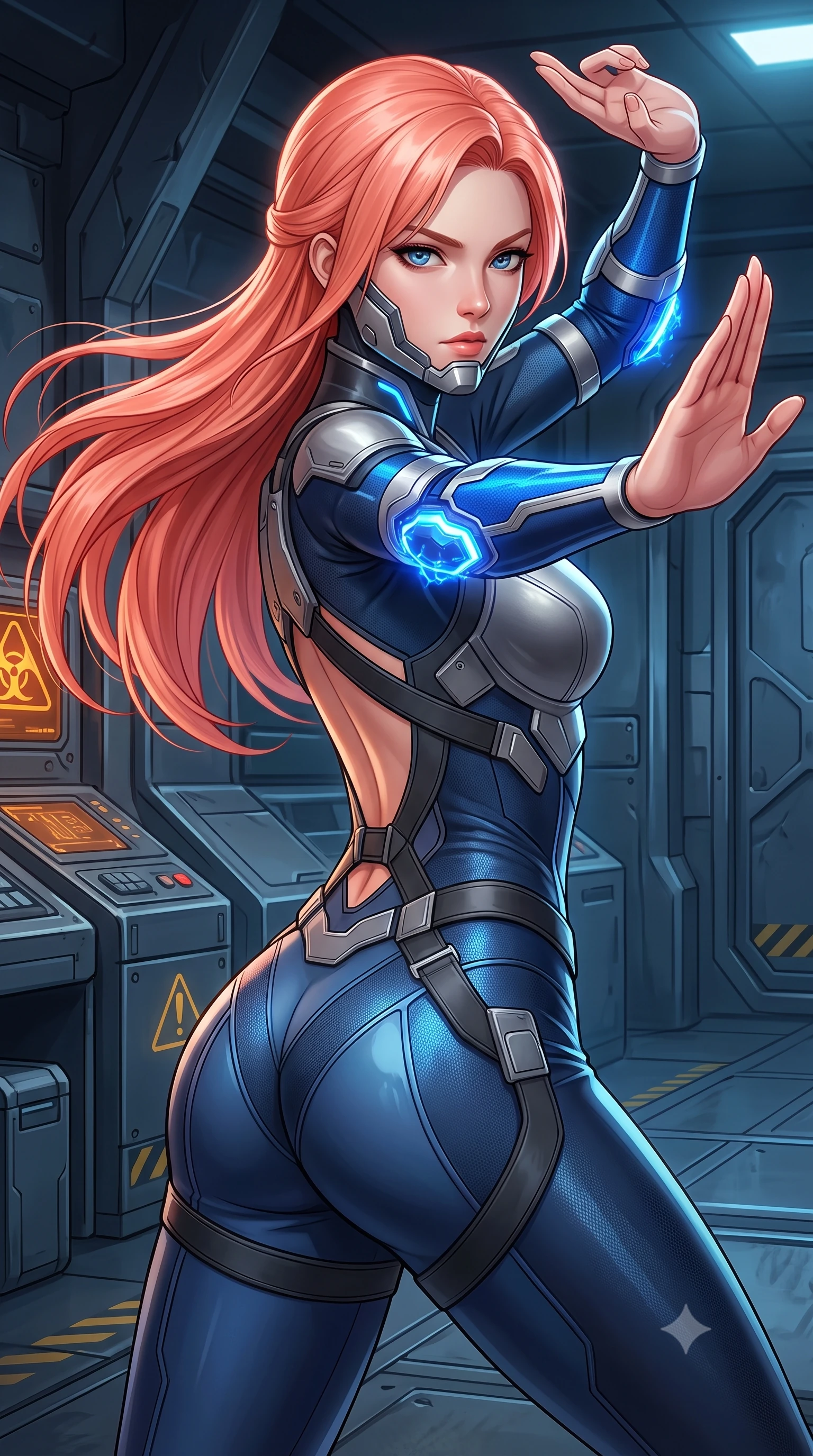 score_9, masterpiece, best quality, ultra-detailed, high-budget anime keyframe, semi-realistic 3D game render, editorial fashion photography, tasteful artistic composition, Japanese woman. close-up cowboy shot from the waist and thighs up, the character dominates the composition, filling the frame with her large presence. twisting her upper body in a dynamic S-curve martial arts stance, cybernetic elbow dampers glowing with blue energy as she aims a focused palm strike while sliding into the bunker command nexus with arms raised in fluid kinetic readiness, eyes scanning the shadows with lethal focus. The surrounding environment is rendered in vivid detail and crisp panoramic clarity. sharp heavy modular cuirass plate bevels, glowing hazard symbol stencils, and dented steel bulkheads in deep focus. She has an exceptionally elegant, slender, and willowy female figure with an ultra-slim waist, a gracefully sculpted slender torso, toned flat midriff, and a refined slim silhouette. sharp v-shaped jawline, high-bridge nose, intricate jewel-like eyes with depth, thick eyelashes, glossy lips with a natural sheen, fierce and resolute heroine expression, flawlessly proportioned anatomical accuracy, strict slender model proportions, natural body alignment, perfectly sculpted long slender limbs, ultra-slim waistline, clean dynamic posture without body distortion. wearing a sleek titanium half-face combat rebreather guard protecting her lower jaw while leaving her expressive eyes and long hair flowing freely, paired with a tailored tactical combat jumpsuit with an open-back harness design, reinforced composite breastplate, and high-mobility elbow dampers in electric cobalt blue carbon with brushed platinum tactical trim, crafted from semi-translucent cybernetic carbon-vinyl interwoven with glowing micro-filaments, featuring a sleek aerodynamic collar framed by subtle glowing cybernetic status LEDs, the liquid-tight tailored fabric emphasizing every curve of her tall, slender model proportions and sculptured silhouette during dynamic movement. surrounded by an unstoppable, royal, and fiercely triumphant lone survivor empress aura. rich saturated anime colors with glowing neon highlights, detailed shading with soft gradients, rich glossy textures, high-contrast stereoscopic depth, volumetric dynamic lighting, master piece, 9:16 ratio