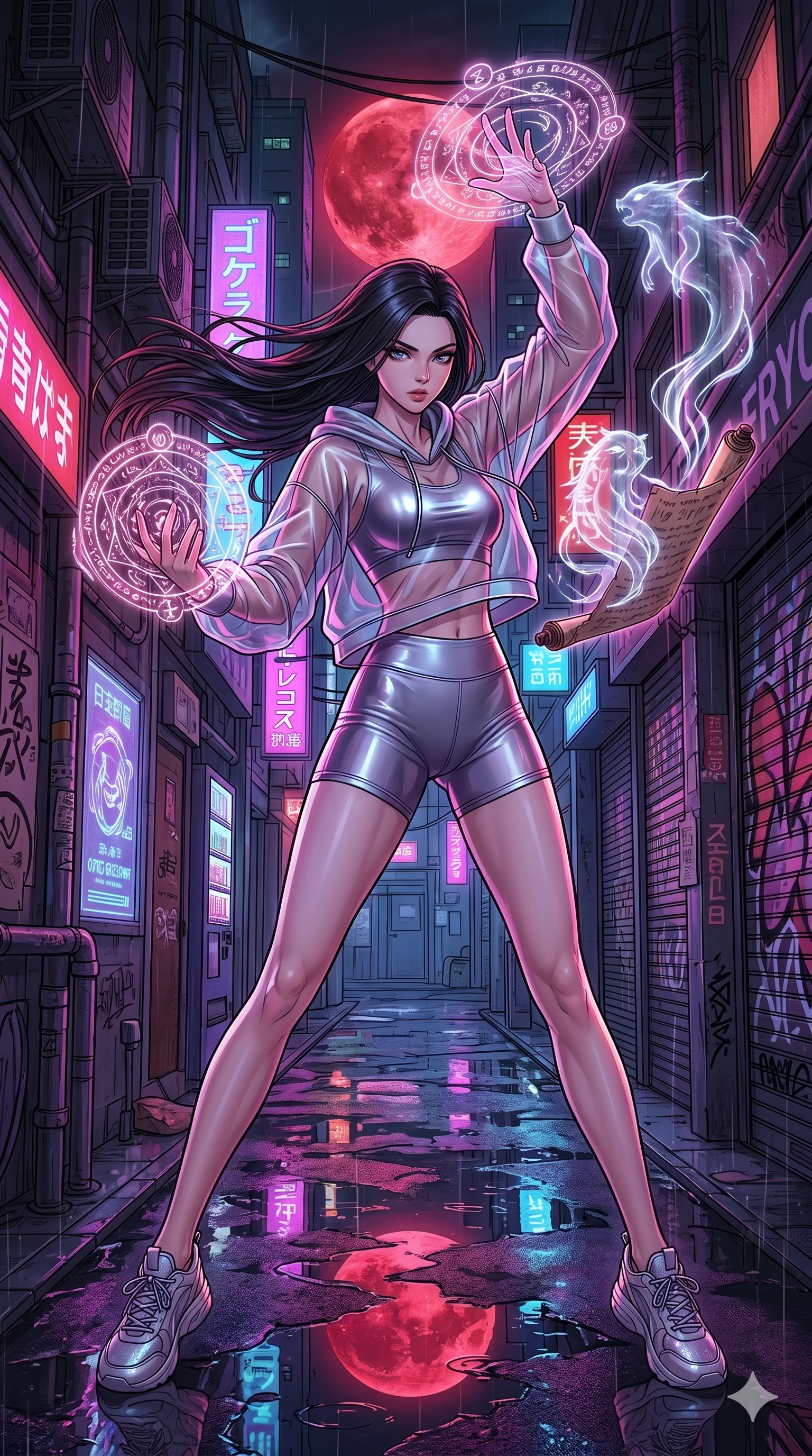 score_9, masterpiece, best quality, ultra-detailed, high-budget anime movie keyframe, cinematic anime lighting, intricate line art, Japanese anime girl. Dynamic full-body shot stretching the vertical silhouette across the 9:16 frame. summoning mystical spirits in a neon-lit cyberpunk alleyway under a blood moon. She has an absolutely perfect 8-heads proportion, an exceptionally tall and slender female figure with an ultra-slim waist and impossibly long slender legs. sharp v-shaped jawline, high-bridge nose, intricate jewel-like eyes, thick eyelashes, glossy lips. Wearing premium athleisure set with a metallic-finish compression top, high-cut yoga shorts that accentuate her long legs, and a sheer oversized hoodie. The scene is illuminated by dramatic atmospheric lighting and vibrant color palettes. 2k, ultra detail, master piece, 9:16 ratio
