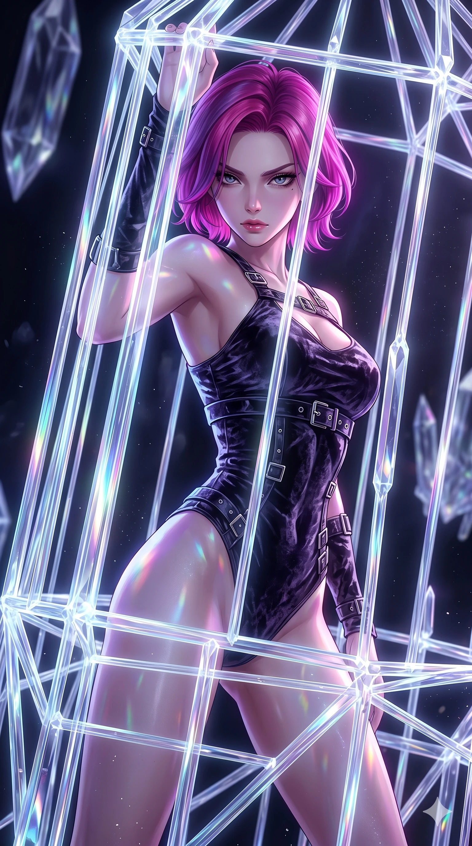 score_9, masterpiece, best quality, ultra-detailed, High-budget Anime Keyframe, East Asian woman. Dynamic full-body shot stretching the vertical silhouette to the limit. Scenario 92: Trapped in a cage of glowing crystalline fibers, body pressing against the bars. Her presence is magnetic and overpowering in this high-budget anime scene. Outfit 92: A crushed dark velvet second with a low-cut shoulder and metallic buckles. The clothing is designed to emphasize her exceptionally tall and slender 8-heads proportion. 8-heads proportion, towering silhouette, ultra-slim waist. sharp v-shaped jawline, intricate jewel-like eyes with depth, thick eyelashes, glossy lips. 2k, ultra detail, master piece, 9:16 ratio
