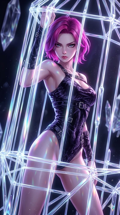 score_9, masterpiece, best quality, ultra-detailed, High-budget Anime Keyframe, East Asian woman. Dynamic full-body shot stretching the vertical silhouette to the limit. Scenario 92: Trapped in a cage of glowing crystalline fibers, body pressing agai