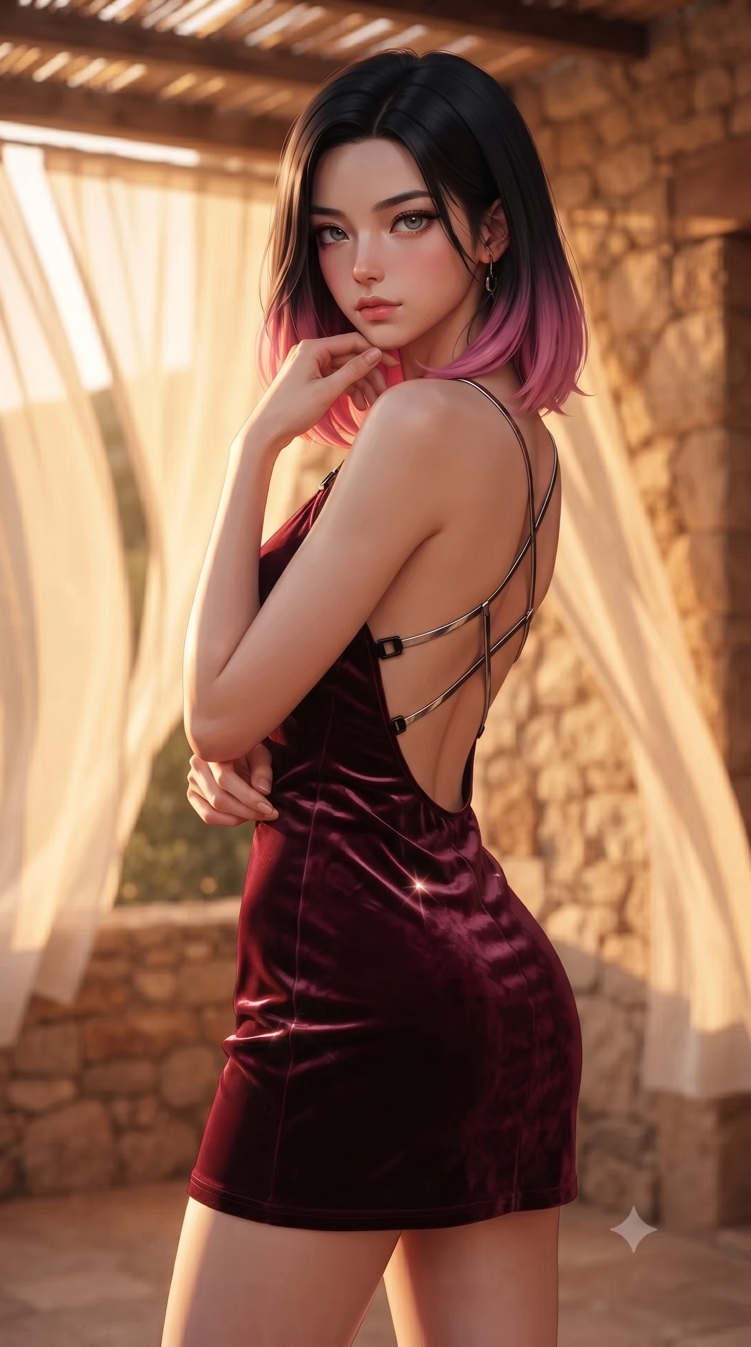 score_9, masterpiece, best quality, ultra-detailed, high-budget anime keyframe, editorial fashion photography, tasteful artistic composition, Korean woman. close-up cowboy shot from the waist and thighs up, the character dominates the composition, filling the frame with her large presence, background elements kept in soft focus. Resting her chin on the backs of her fingers with an air of effortless superiority, poised beneath a sheer linen pergola as golden-hour sunbeams flood the terrace, sheer linen curtains fluttering gently in the warm country breeze. She has an exceptionally elegant, slender, and willowy female figure with an ultra-slim waist, a gracefully sculpted slender torso, and a refined silhouette. sharp v-shaped jawline, high-bridge nose, intricate jewel-like eyes with depth, thick eyelashes, glossy lips with a natural sheen. wearing dramatically scooped backless dark satin mini dress with criss-cross chrome straps in deep crimson burgundy, made of crushed dark silk velvet, adorned with minimalist black onyx hardware framing the silhouette, contouring every curve with an exceptionally elegant silhouette. illuminated by rich amber daylight and warm fill light from stone walls. ultra-reflective glossy finish, specular highlights, metallic sheen, high-contrast stereoscopic depth, volumetric dynamic lighting, 2k, ultra detail, master piece, 9:16 ratio
